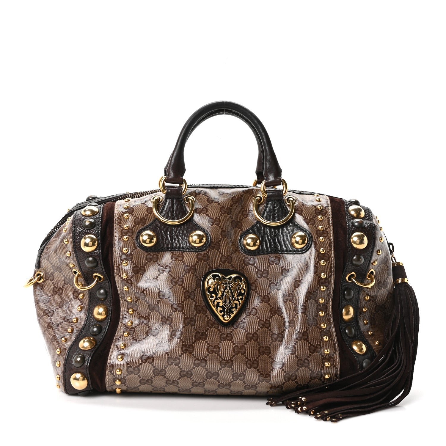 Gucci Crystal Monogram Studded Large Babouska Boston Dark Brown