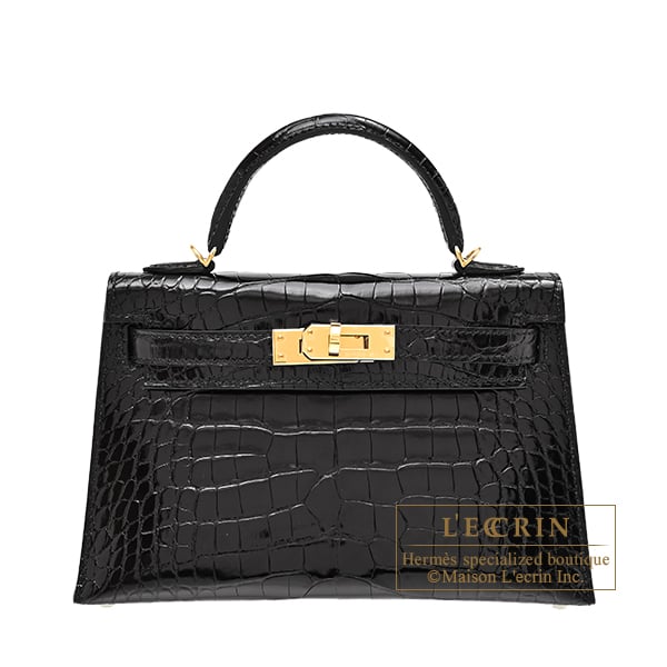 Hermes Kelly bag mini Sellier Black Alligator crocodile skin Gold hardware