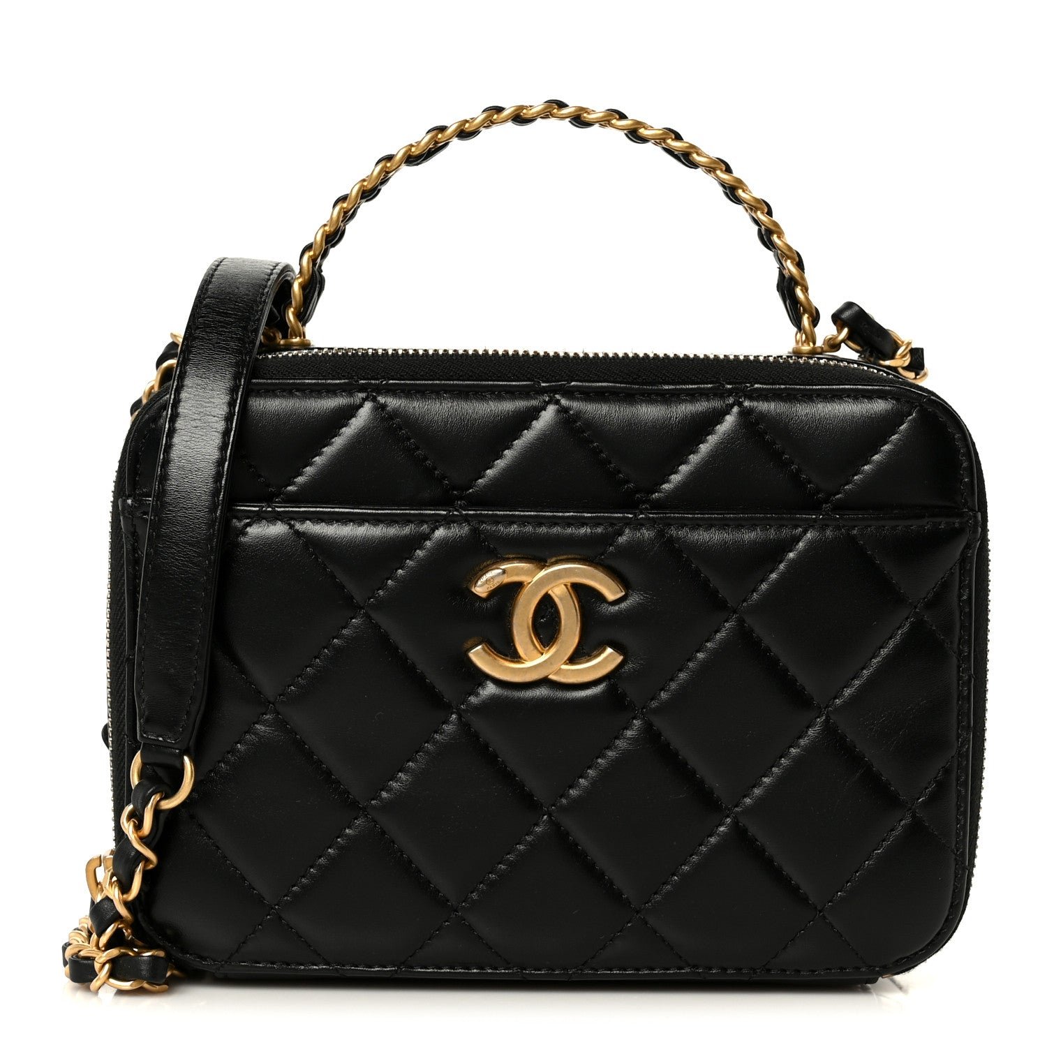 Chanel Shiny Calfskin Quilted Top Handle Vanity Black