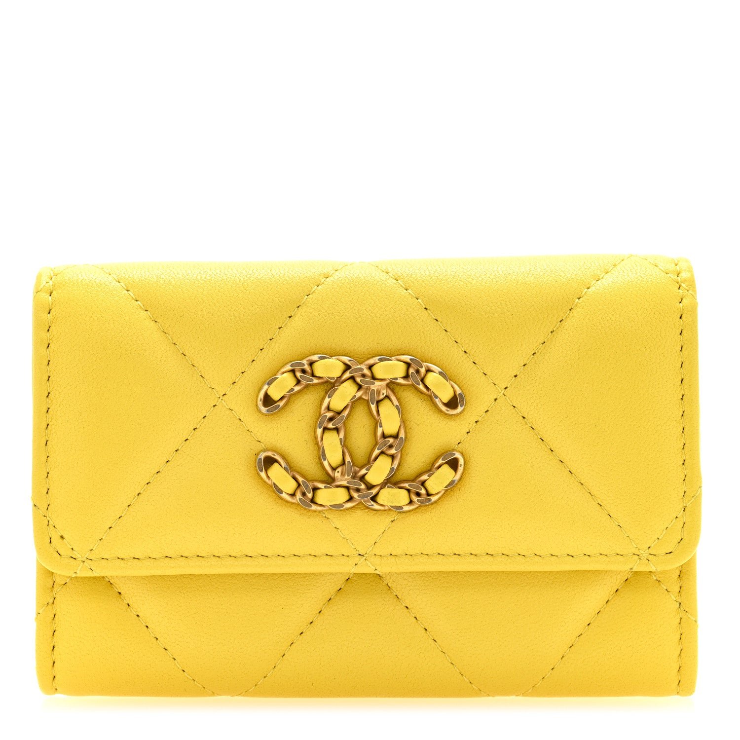 Chanel Lambskin Quilted Chanel 19 Flap Card Holder Yellow