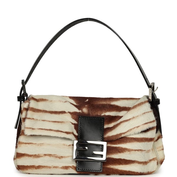 Vintage Fendi Baguette Bag Brown, White Calf Hair Silver Hardware