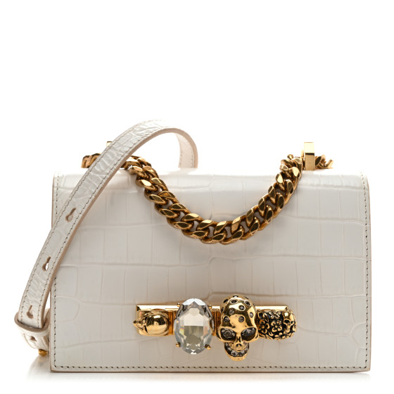 Alexander McQueen Calfskin Crocodile Embossed Mini Jeweled Satchel Deep Ivory
