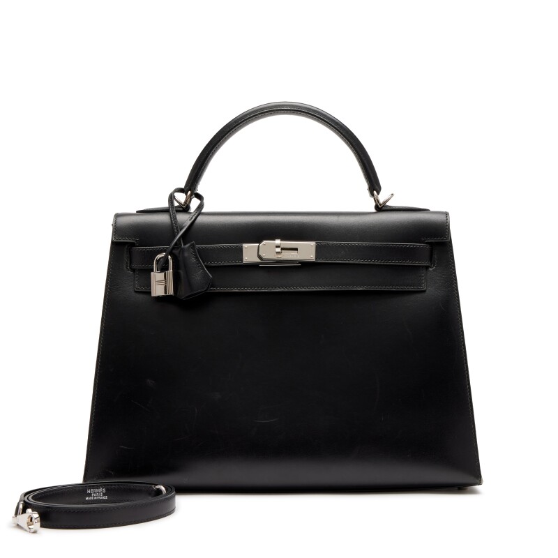 Hermes Vintage Black Box Calf Kelly 32 Sellier Palladium Hardware, 2000