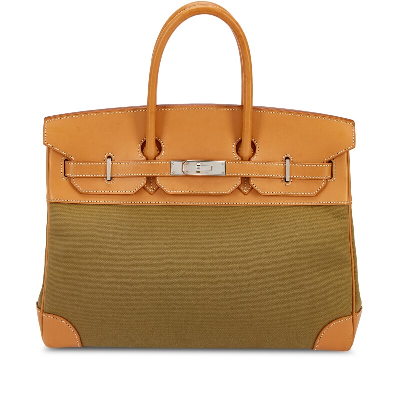 Hermes Limited Edition Vache Naturelle and Vert Olive Toile Birkin 35 Palladium Hardware, 2009