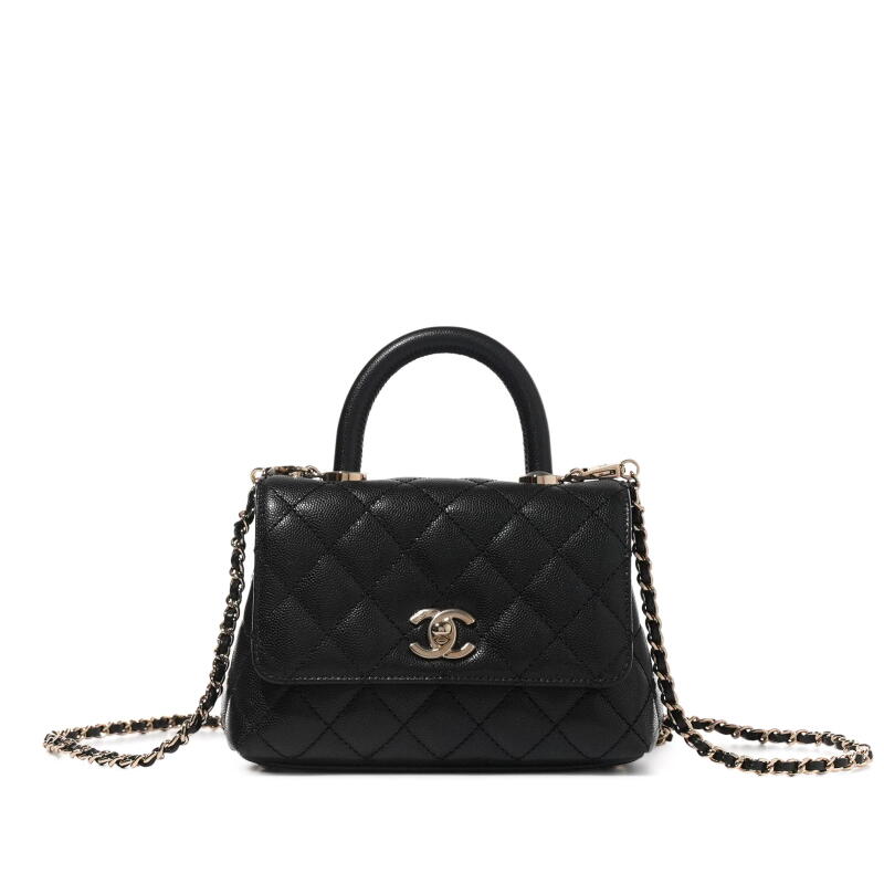 Black Quilted Caviar Coco Top Handle Flap Bag Gold Hardware