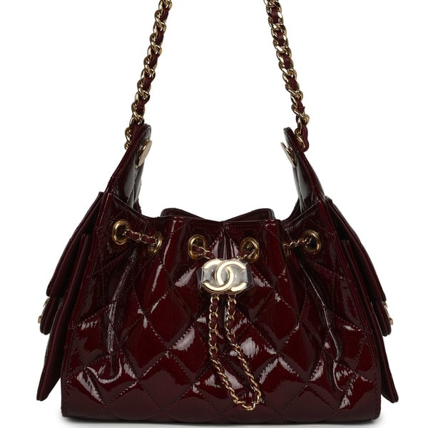Chanel Mini 25 Hobo Bag Burgundy Patent Lambskin Gold Hardware