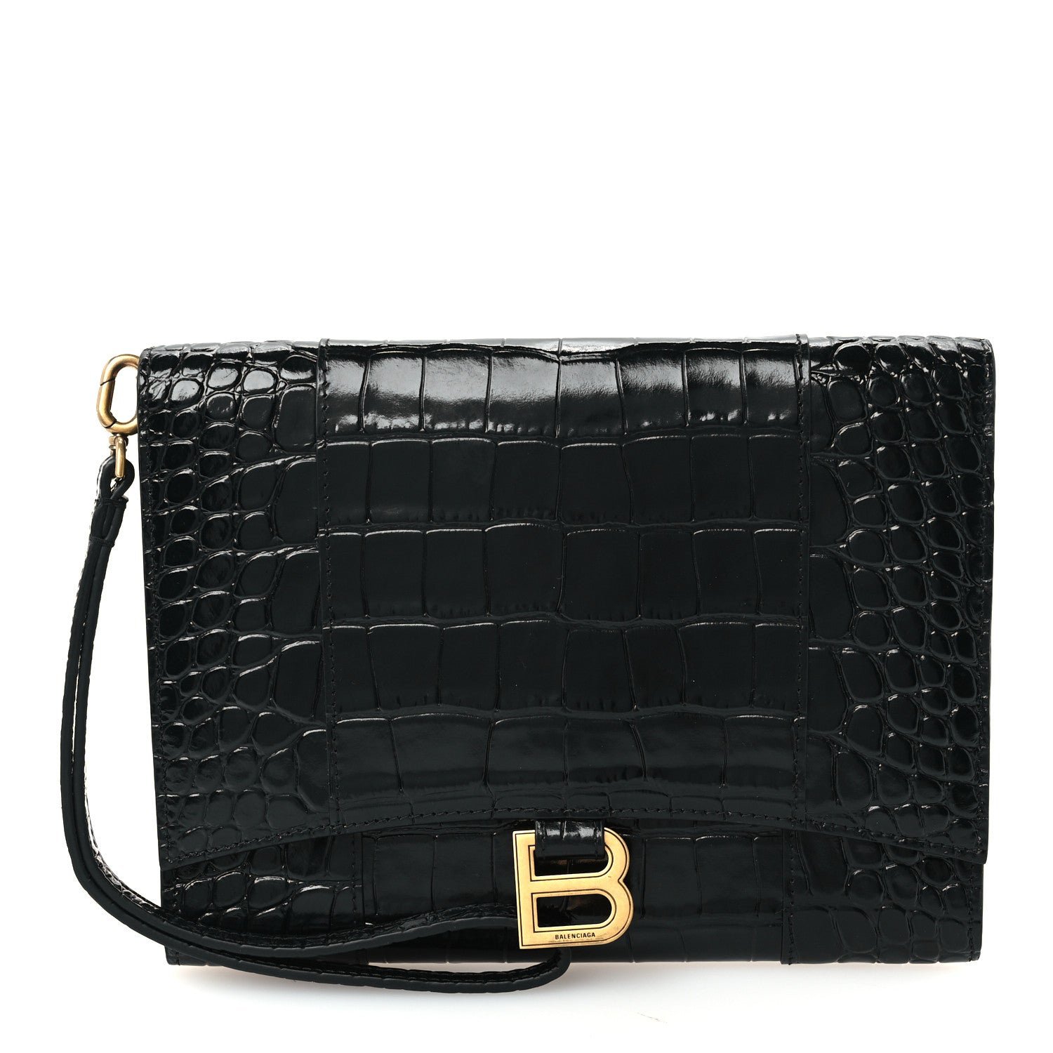 Balenciaga Shiny Calfskin Crocodile Embossed Hourglass Gusset Pouch Black