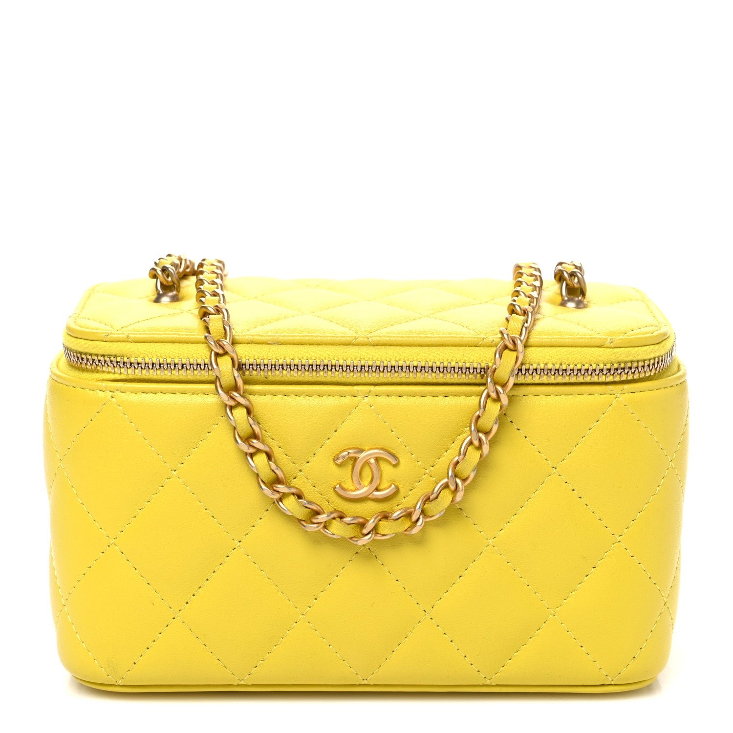 Chanel Lambskin Quilted Small Pearl Crush Vanity Case With Chain Yellow