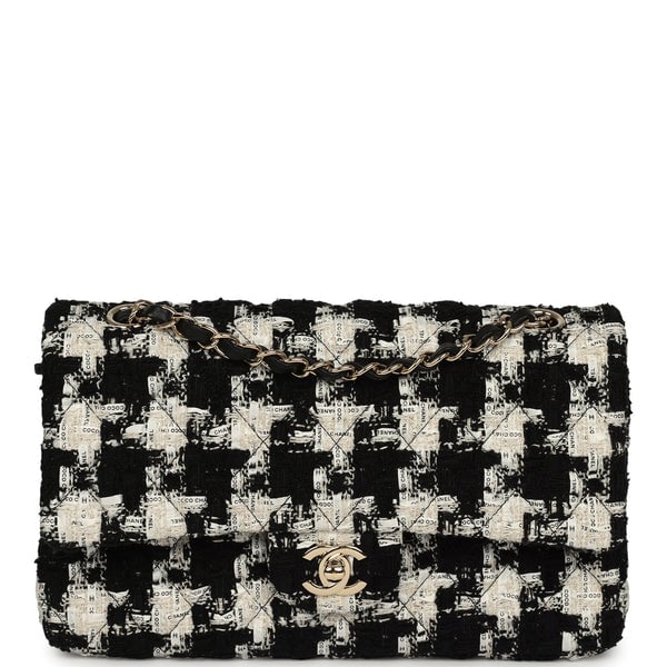 Pre-owned Chanel Medium Classic Double Flap Bag Black, White, Tweed Light Gold Hardware
