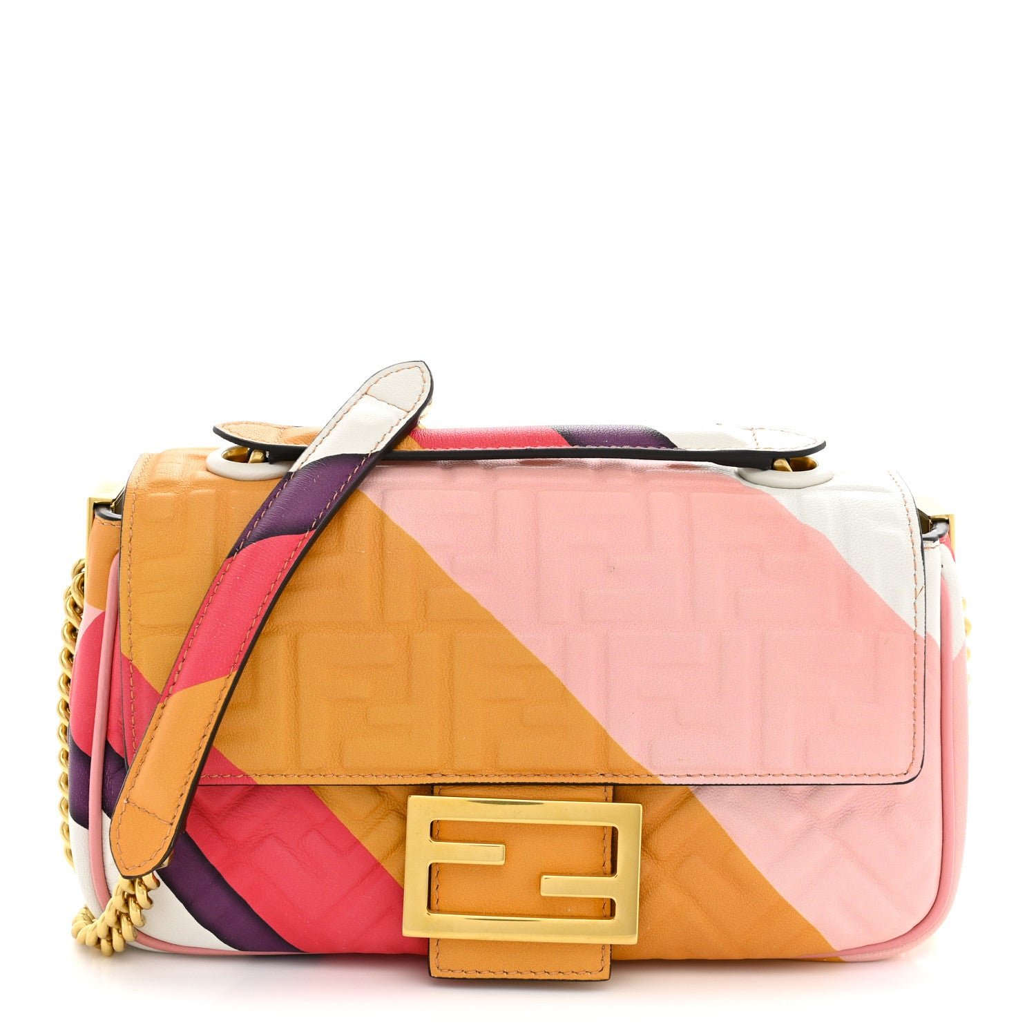 Fendi Nappa FF Embossed Line Print Midi Chain Baguette White Multicolor