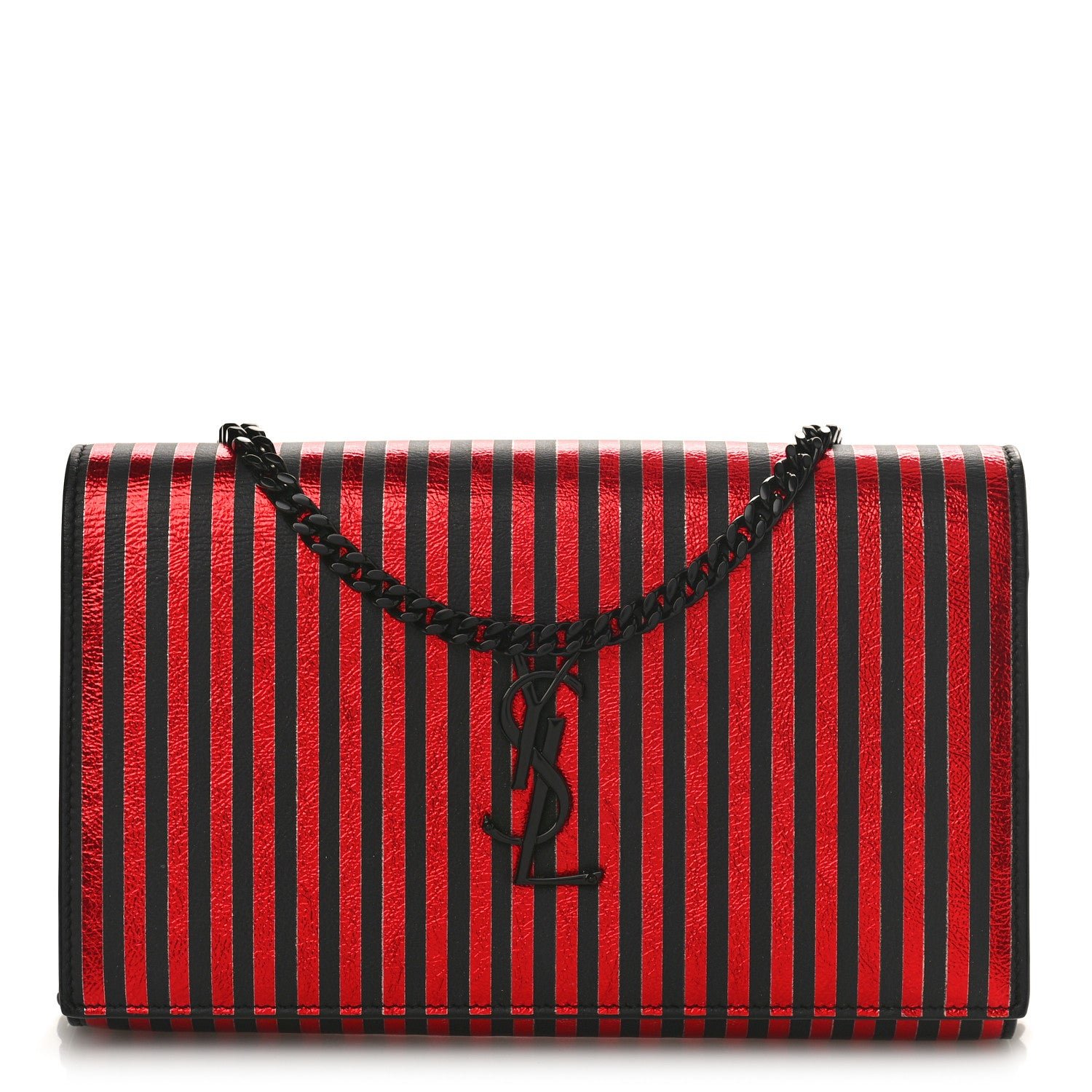 Saint Laurent Metallic Striped Monogram Chain Wallet Red Black