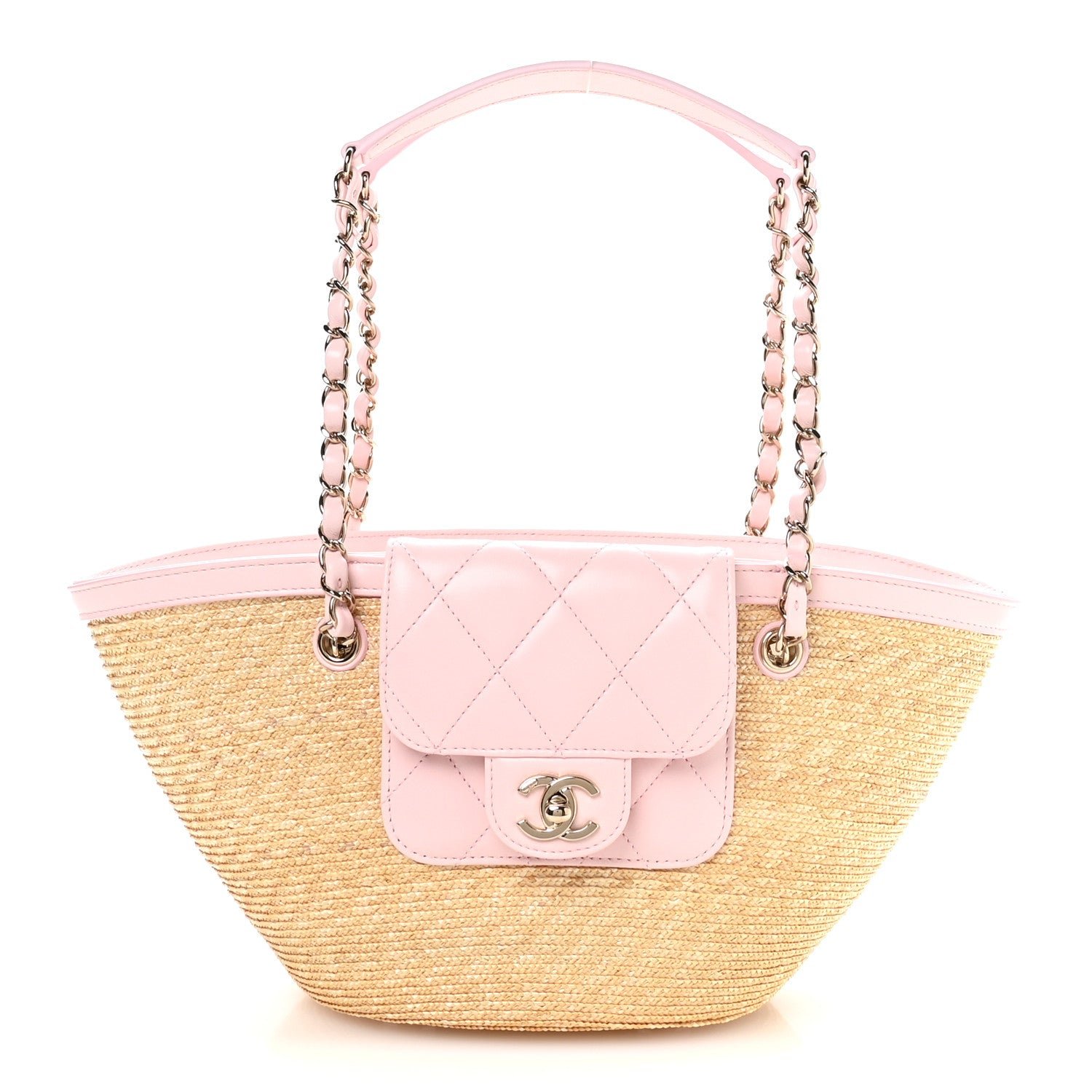 Chanel Raffia Braided Lambskin Small Wicker Tote Beige Light Pink