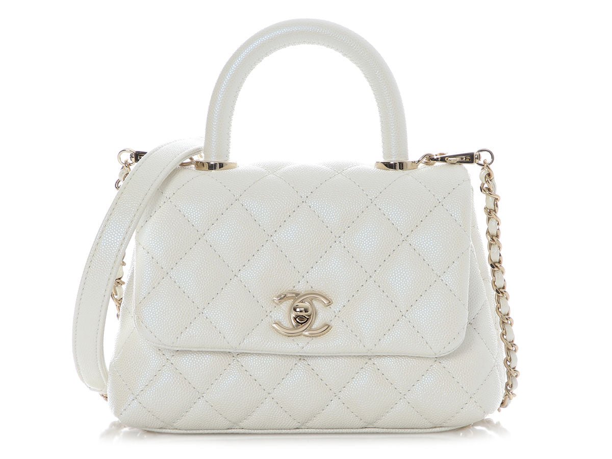 Chanel Extra Mini Iridescent White Quilted Caviar Coco Handle