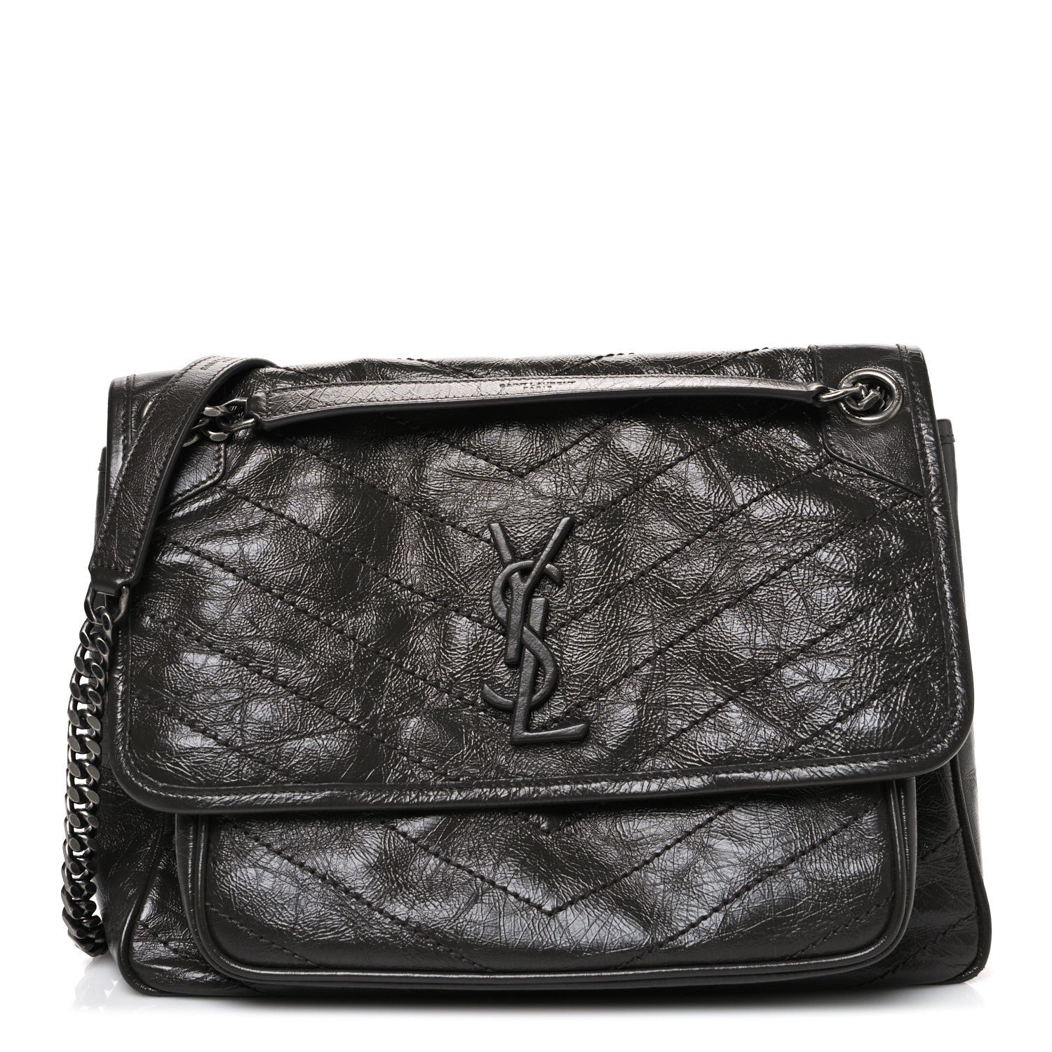 Saint Laurent Crinkled Calfskin Matelasse Monogram Medium Niki Chain Satchel Storm
