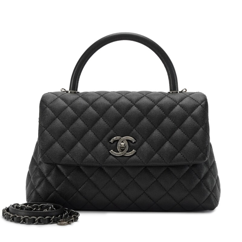 Black Quilted Caviar Small Coco Top Handle Flap Bag Ruthenium Hardware, 2017