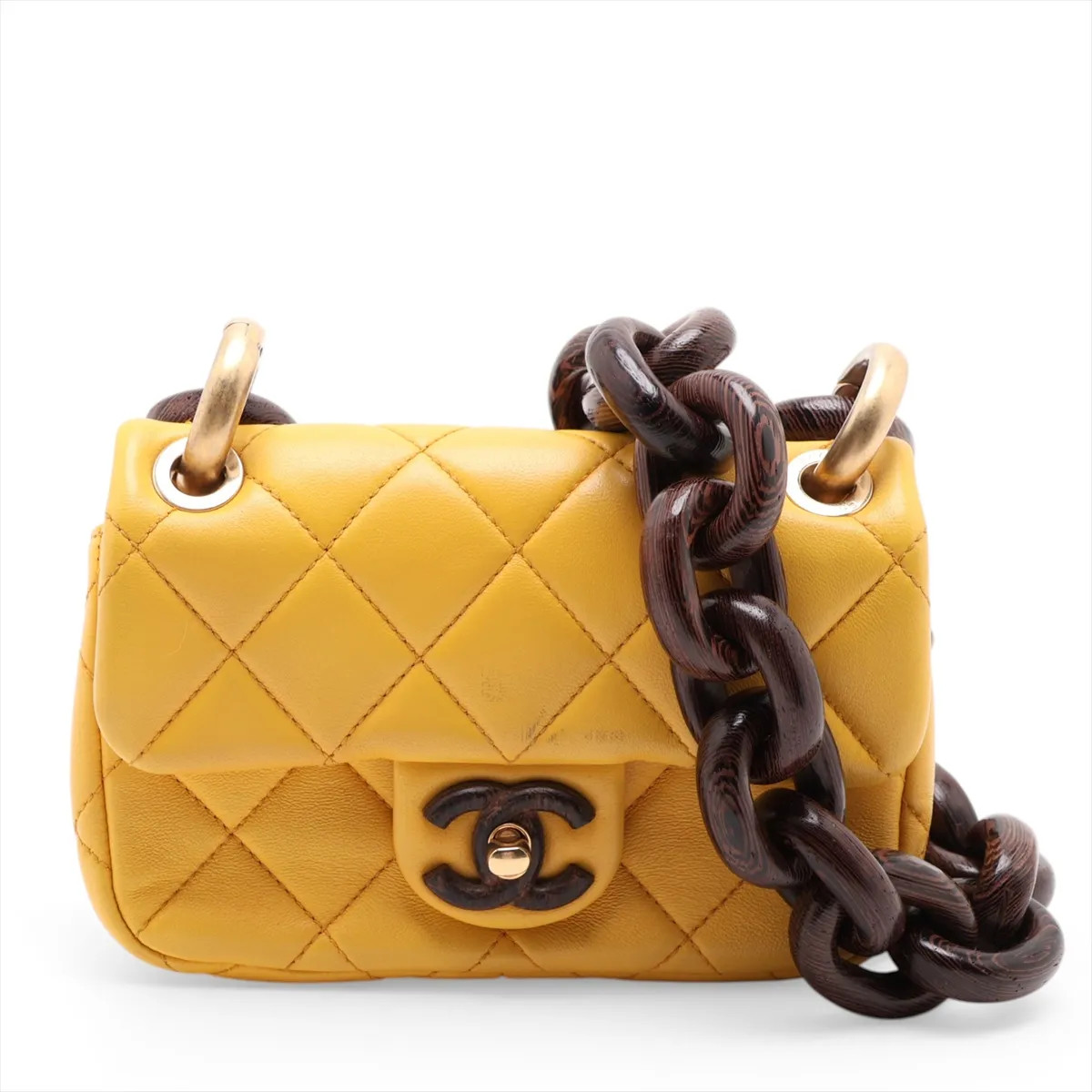 Chanel Mini Matelasse Lambskin Chain Shoulder Bag Wood Yellow Gold Metal Fitting