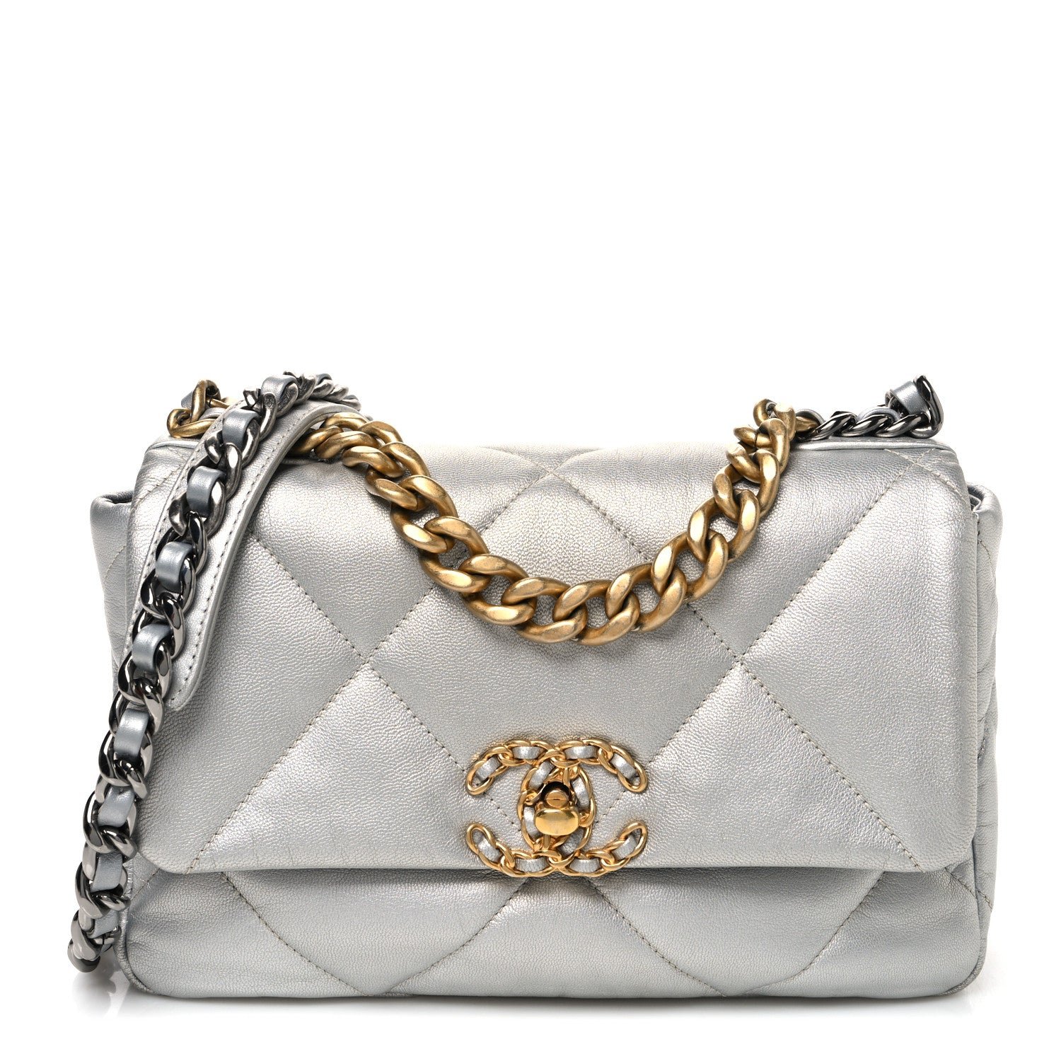 Chanel Metallic Goatskin Quilted Medium Chanel 19 Flap Silver
