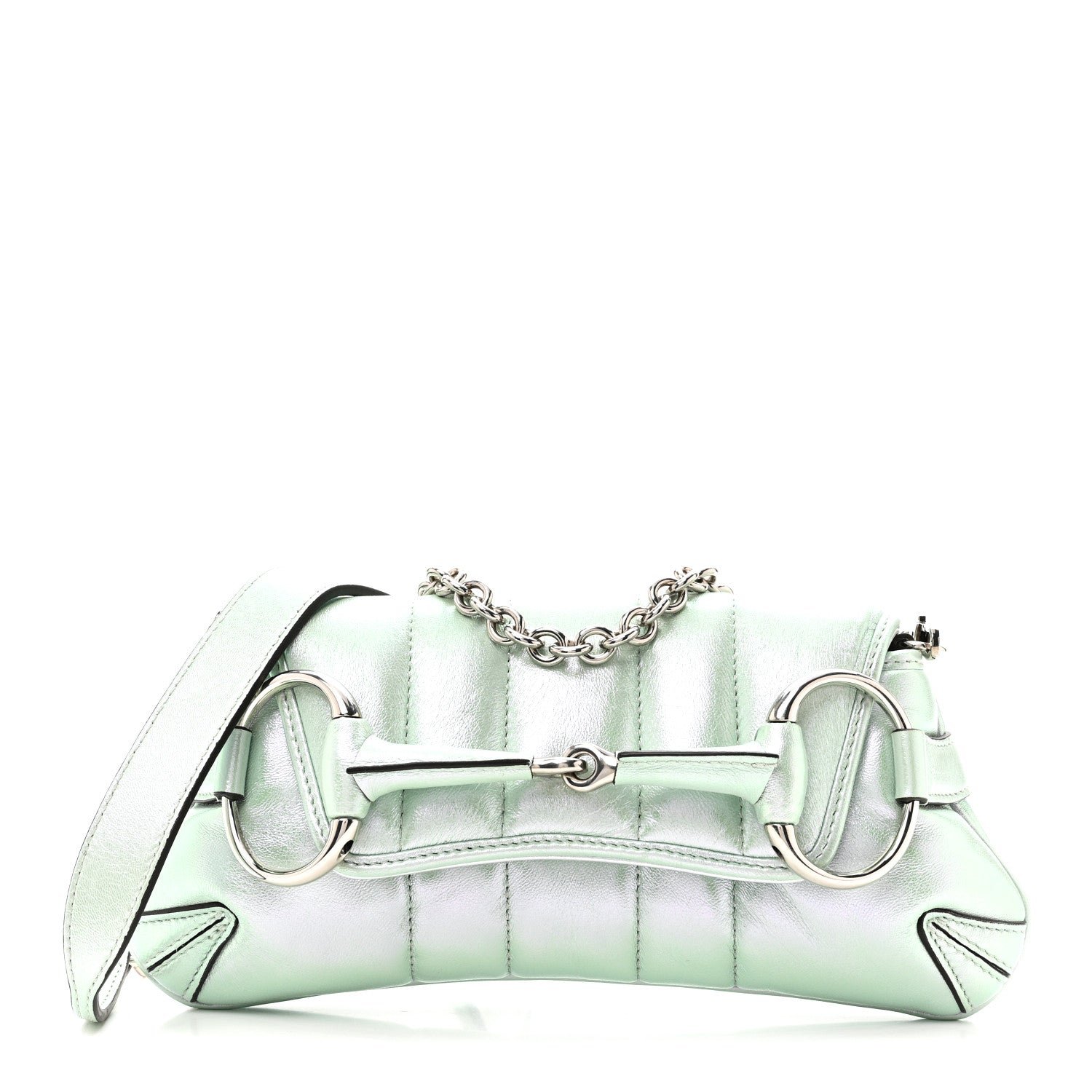 Gucci Iridescent Nappa Vertical Matelasse Small Maxi Horsebit Chain Shoulder Bag Iridescent Salvy Green