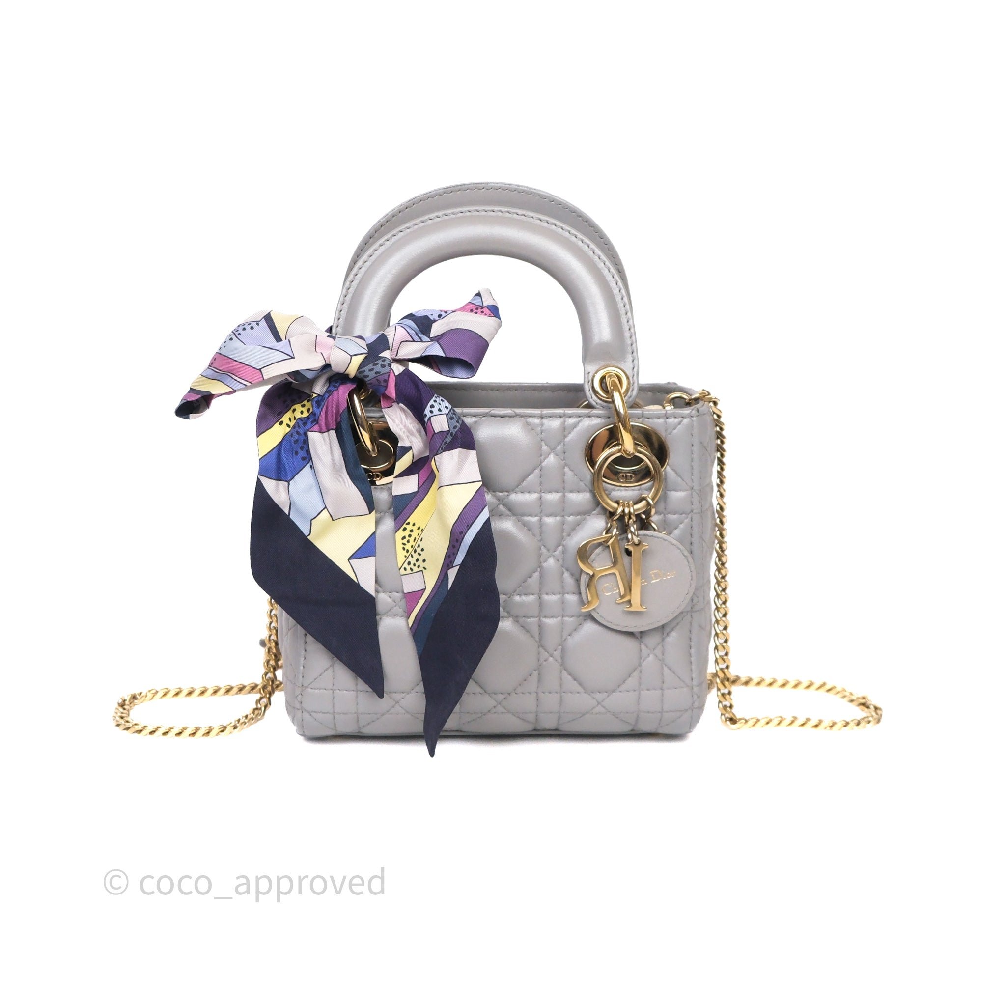 Christian Dior Mini Lady Dior Grey Lambskin Cannage Gold Hardware