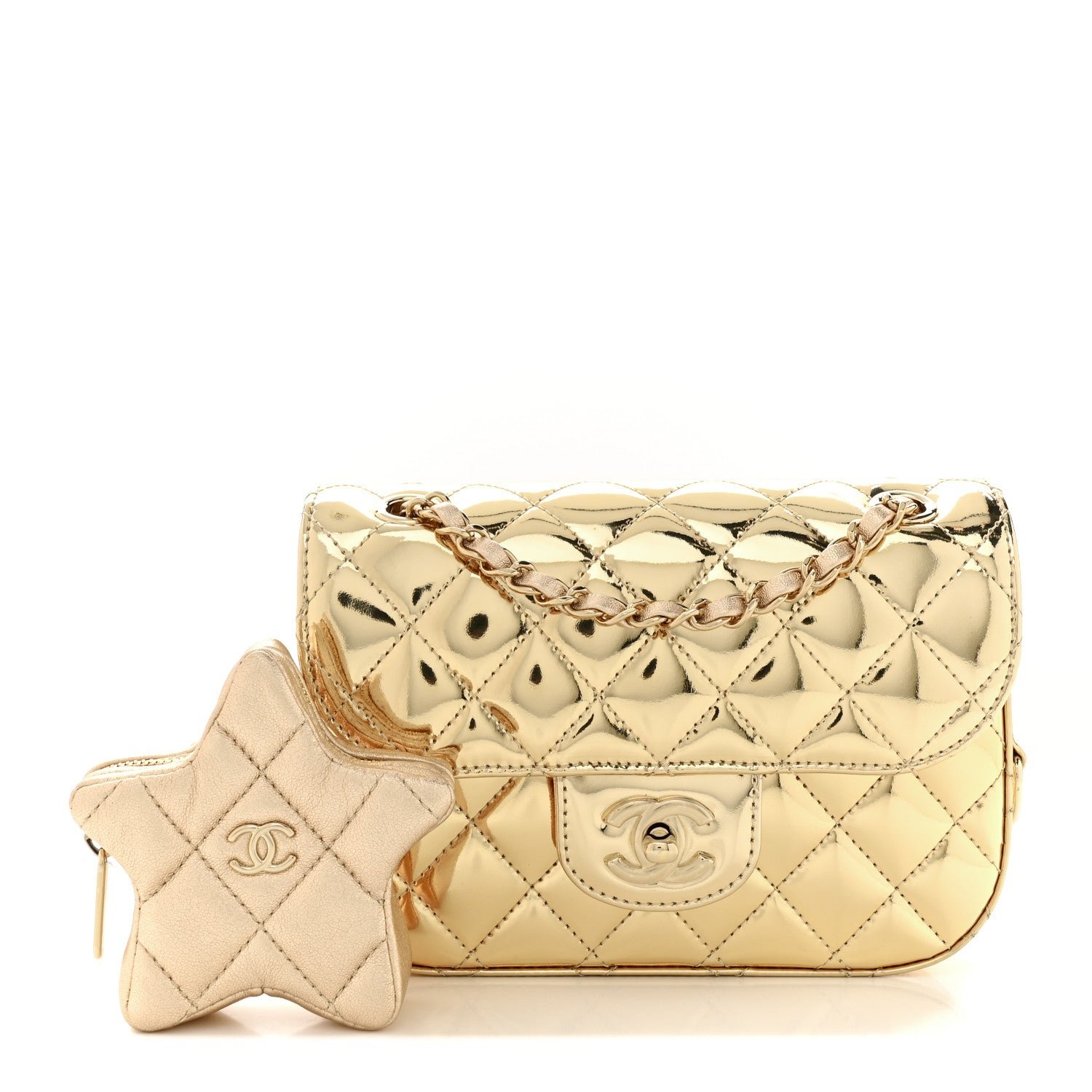 Chanel Mirror Calfskin Metallic Calfskin Quilted Hollywood Boulevard Mini Flap With Star Coin Purse Gold
