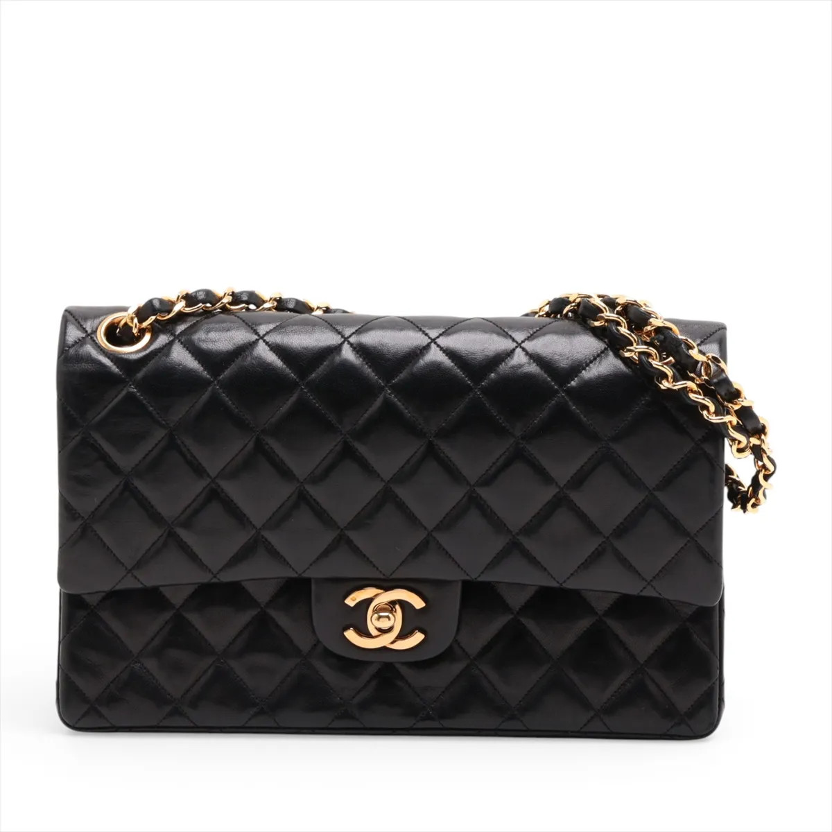 Chanel Matelasse 25 Lambskin Double Flap Double Chain Bag Black Gold Metal Fitti
