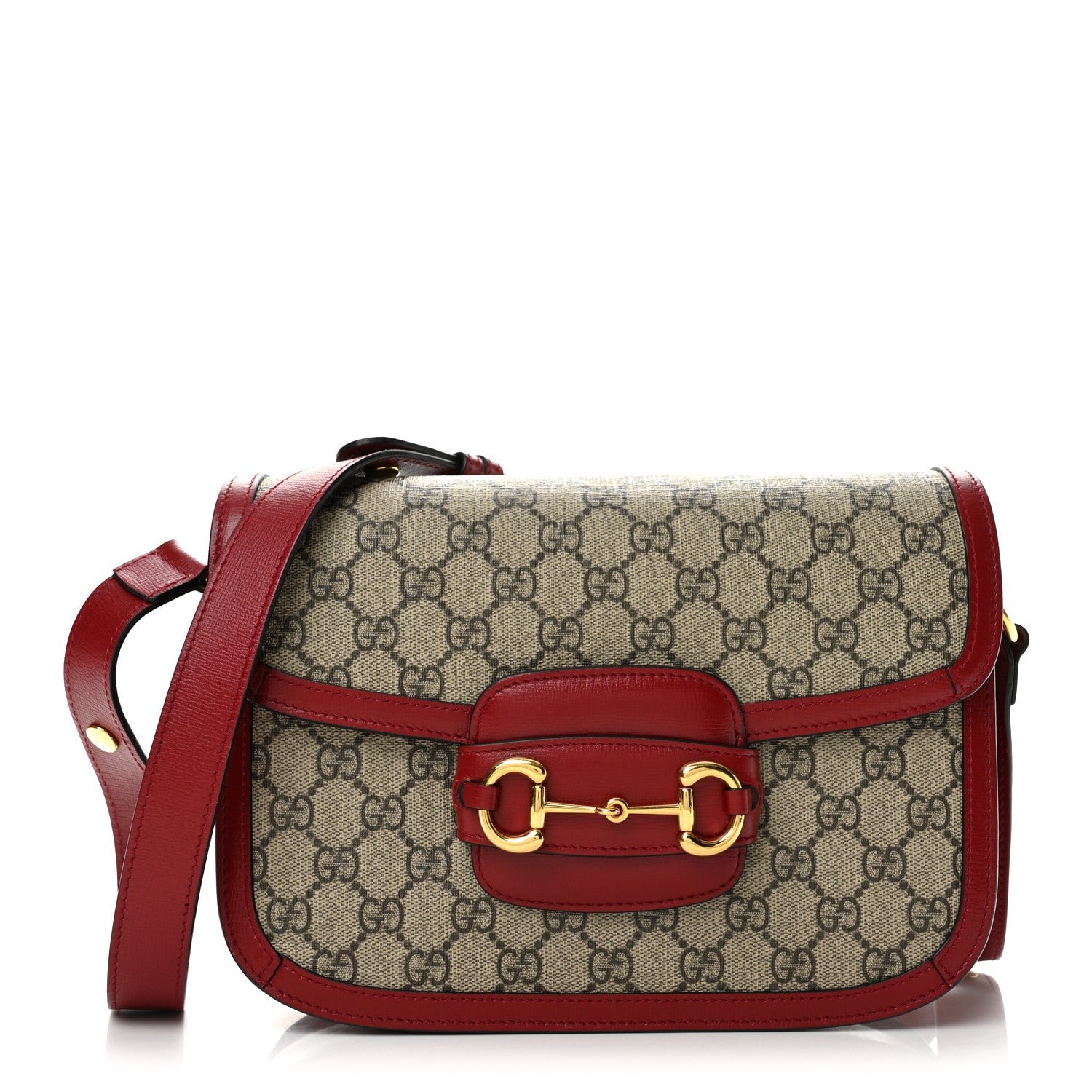 Gucci GG Supreme Monogram Azalea Calfskin Horsebit 1955 Shoulder Bag Beige Ebony New Cherry Red