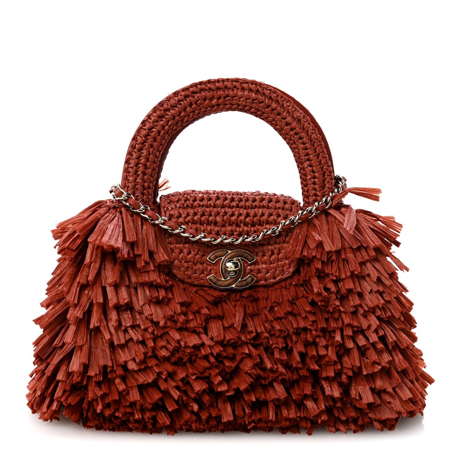 Chanel Raffia Fringe Nano Kelly Shopper Red