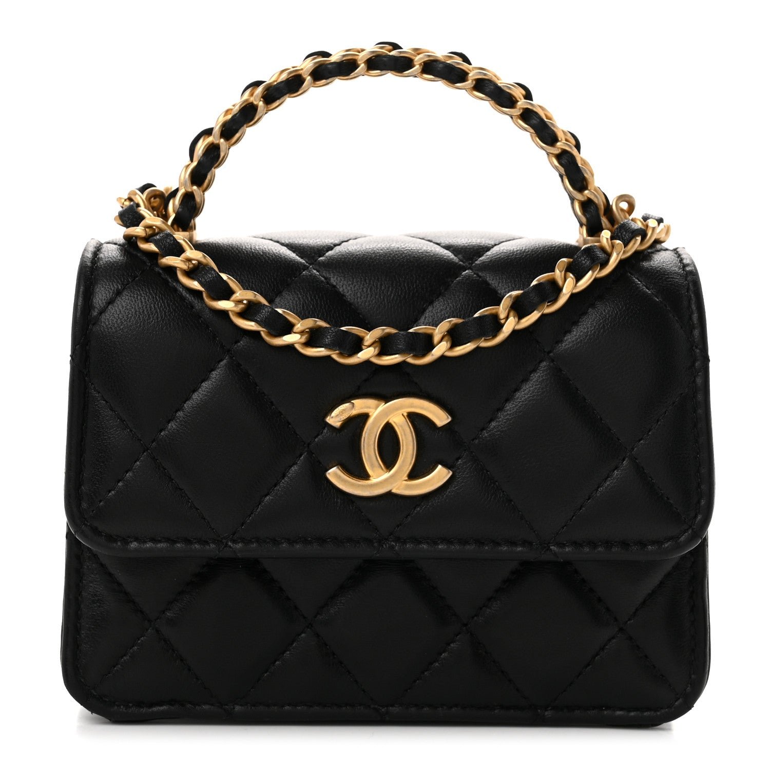 Chanel Lambskin Quilted Mini Metal Top Handle Flap Clutch With Chain  Black