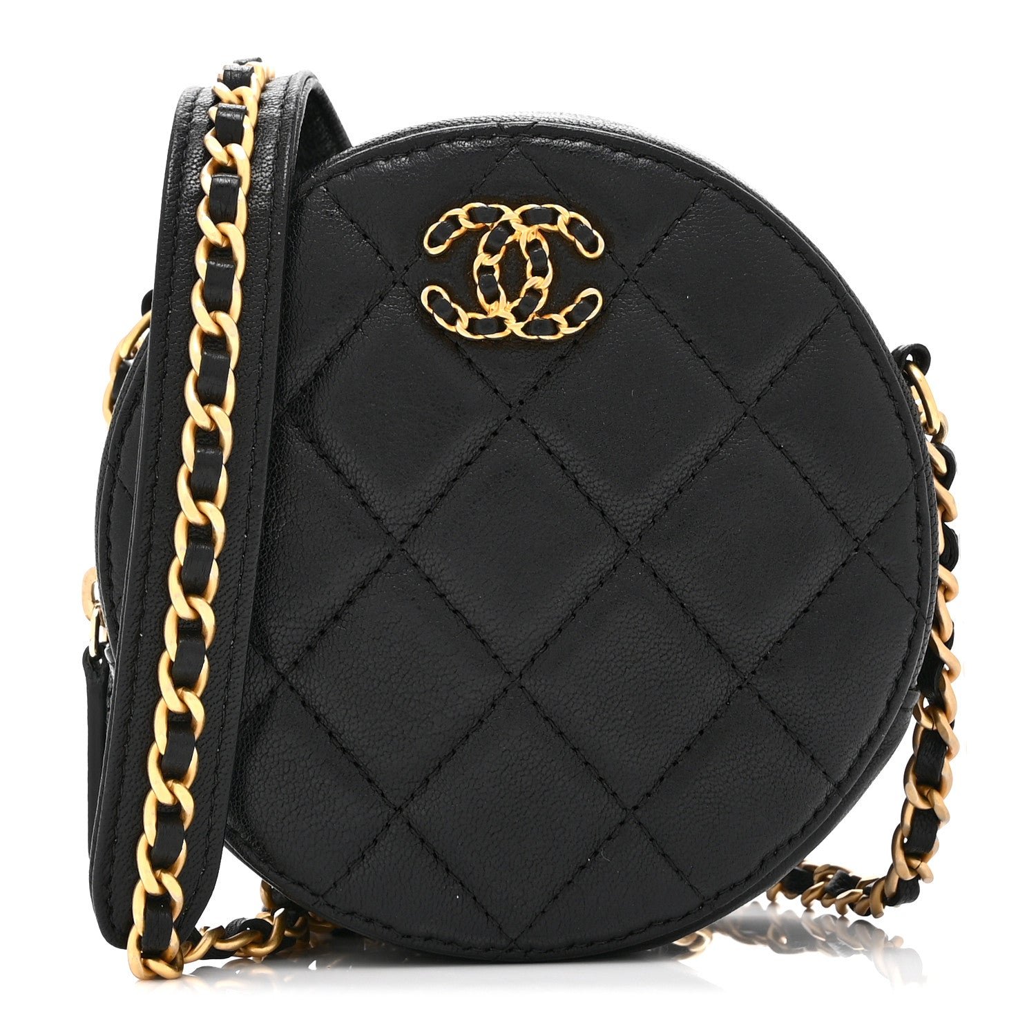 Chanel Goatskin Quilted Chanel 19 Round Clutch With Chain Black Black
