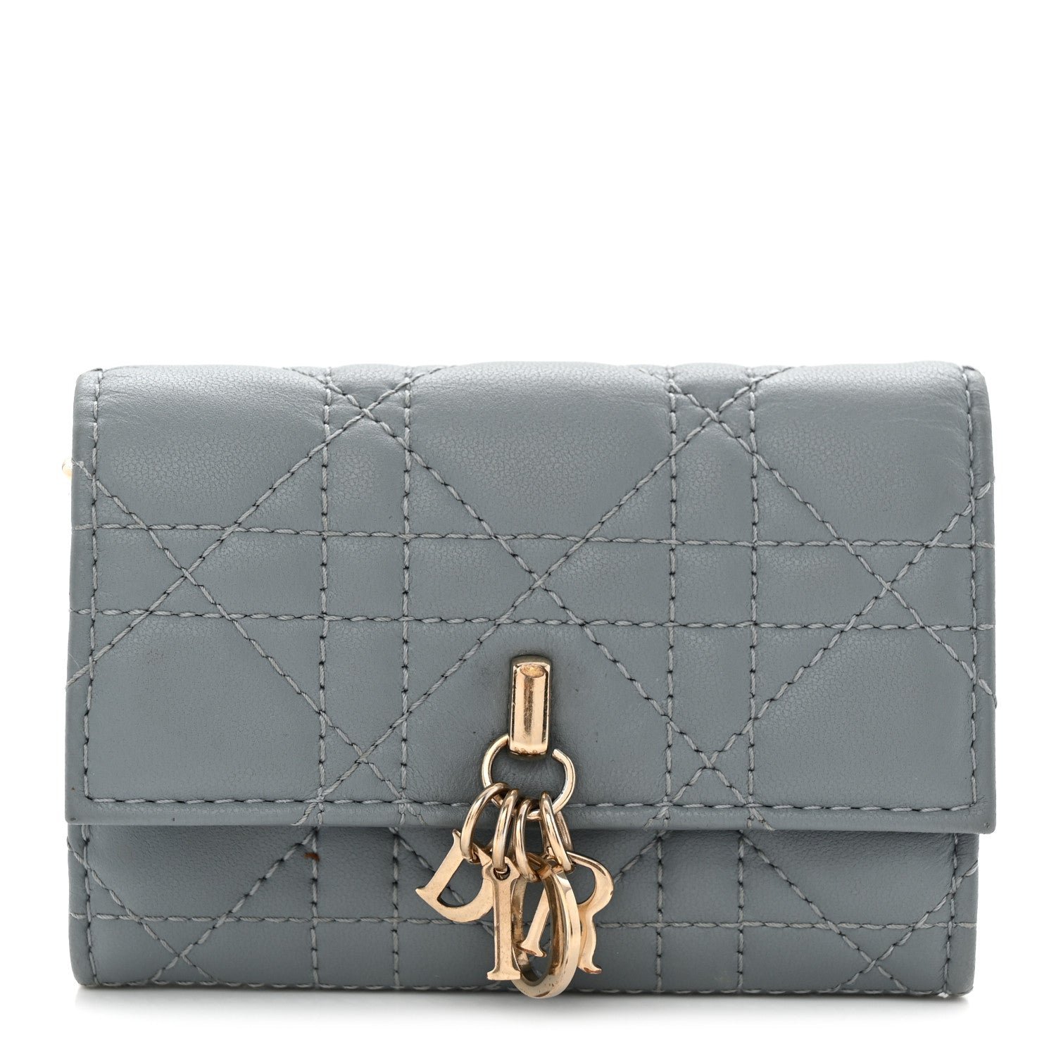 Christian Dior Lambskin Cannage Lady Dior Flap Card Holder Gray