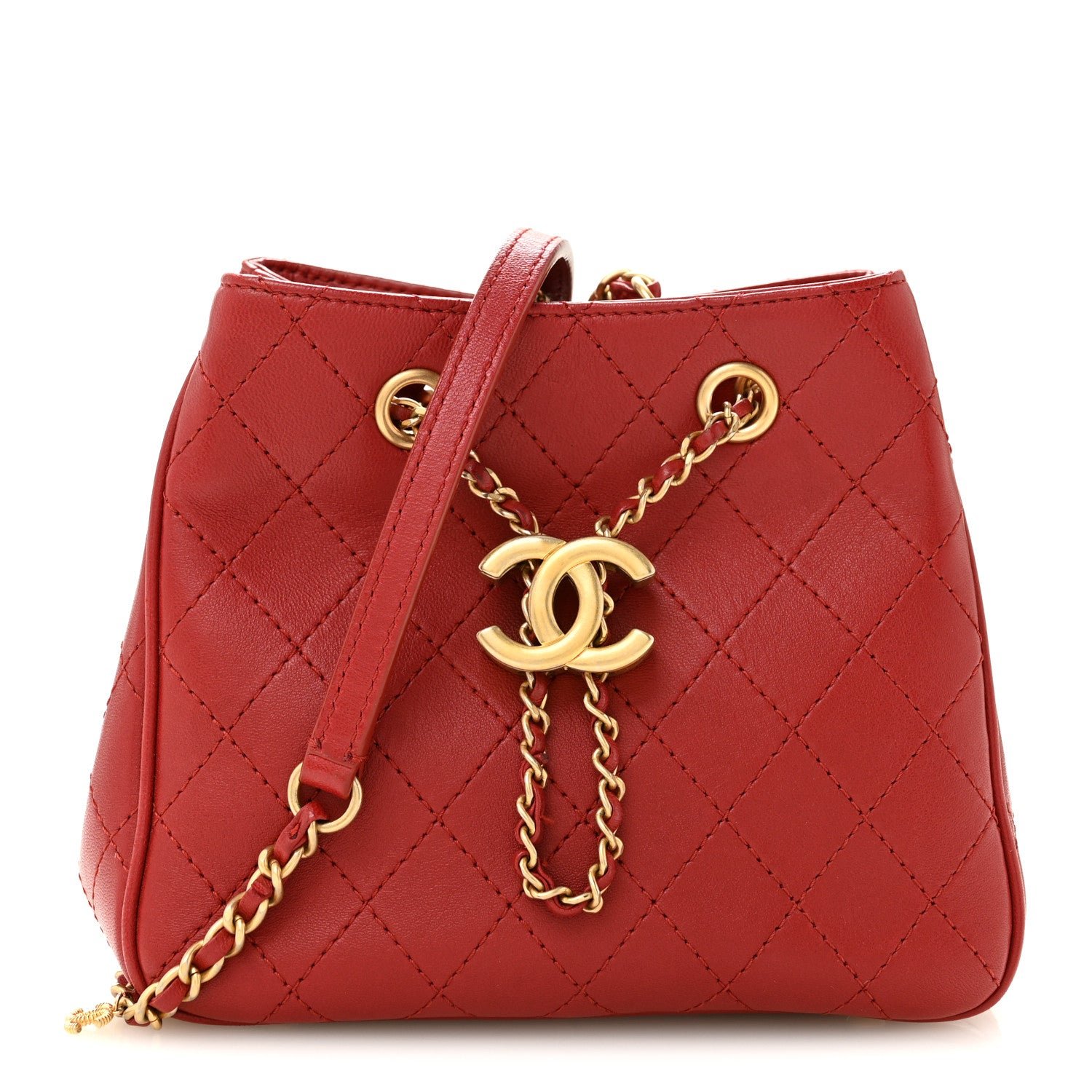 Chanel Calfskin Stitched Small Egyptian Amulet Drawstring Bag Red