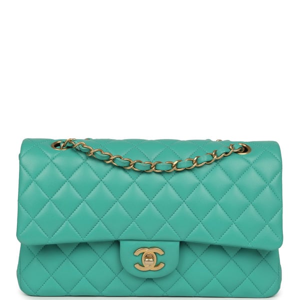 Pre-owned Chanel Medium Classic Double Flap Bag Turquoise Lambskin Brushed Gold Hardware