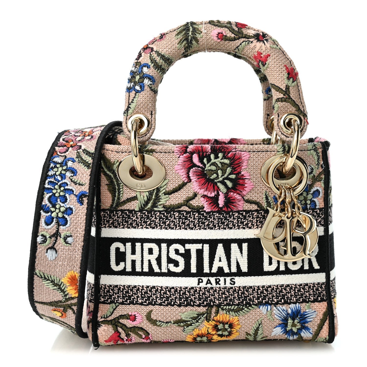 Christian Dior Canvas Petites Fleurs Embroidered Mini Lady D-Lite Rose Multicolor
