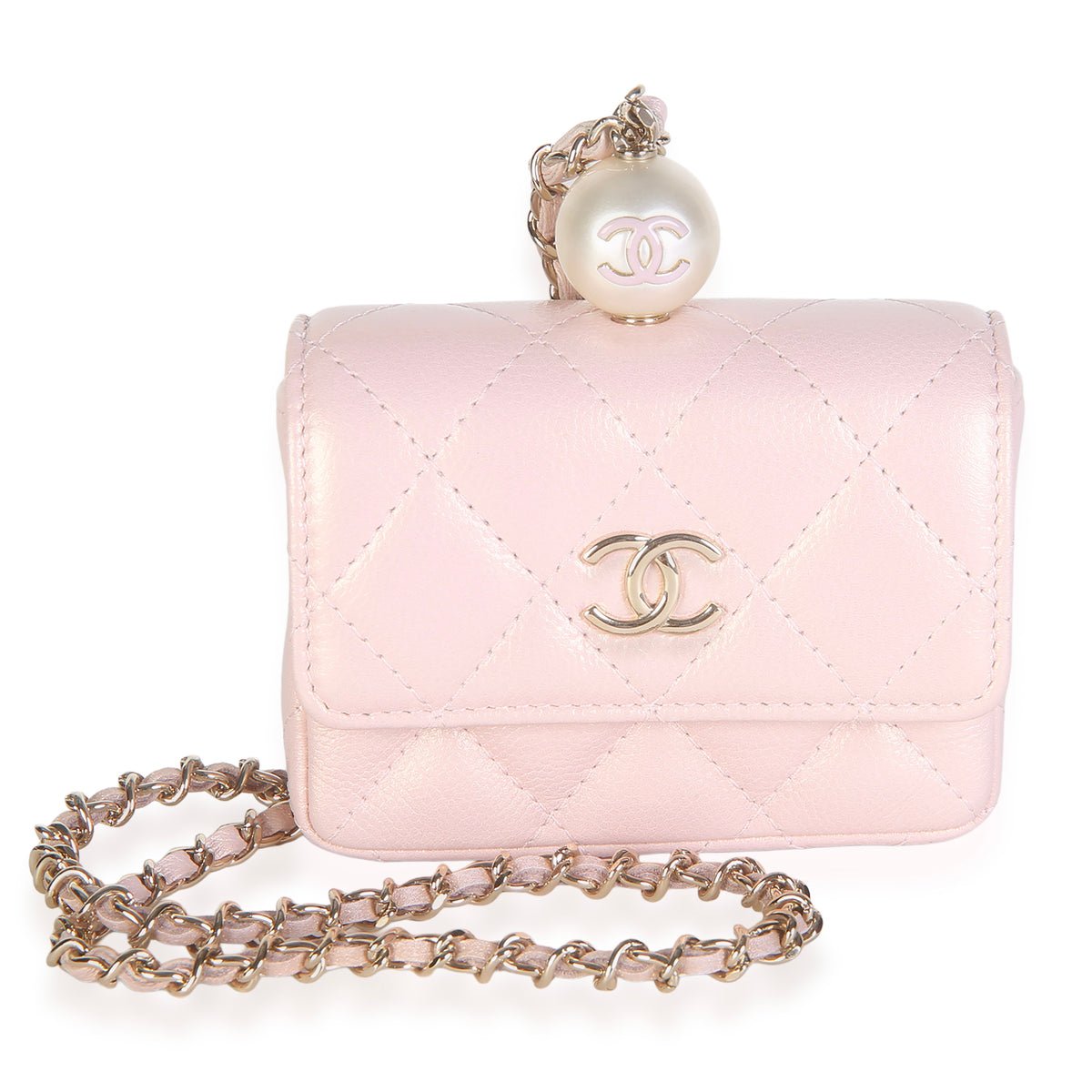 Pink Iridescent Caviar Pearl Card Holder With Chain