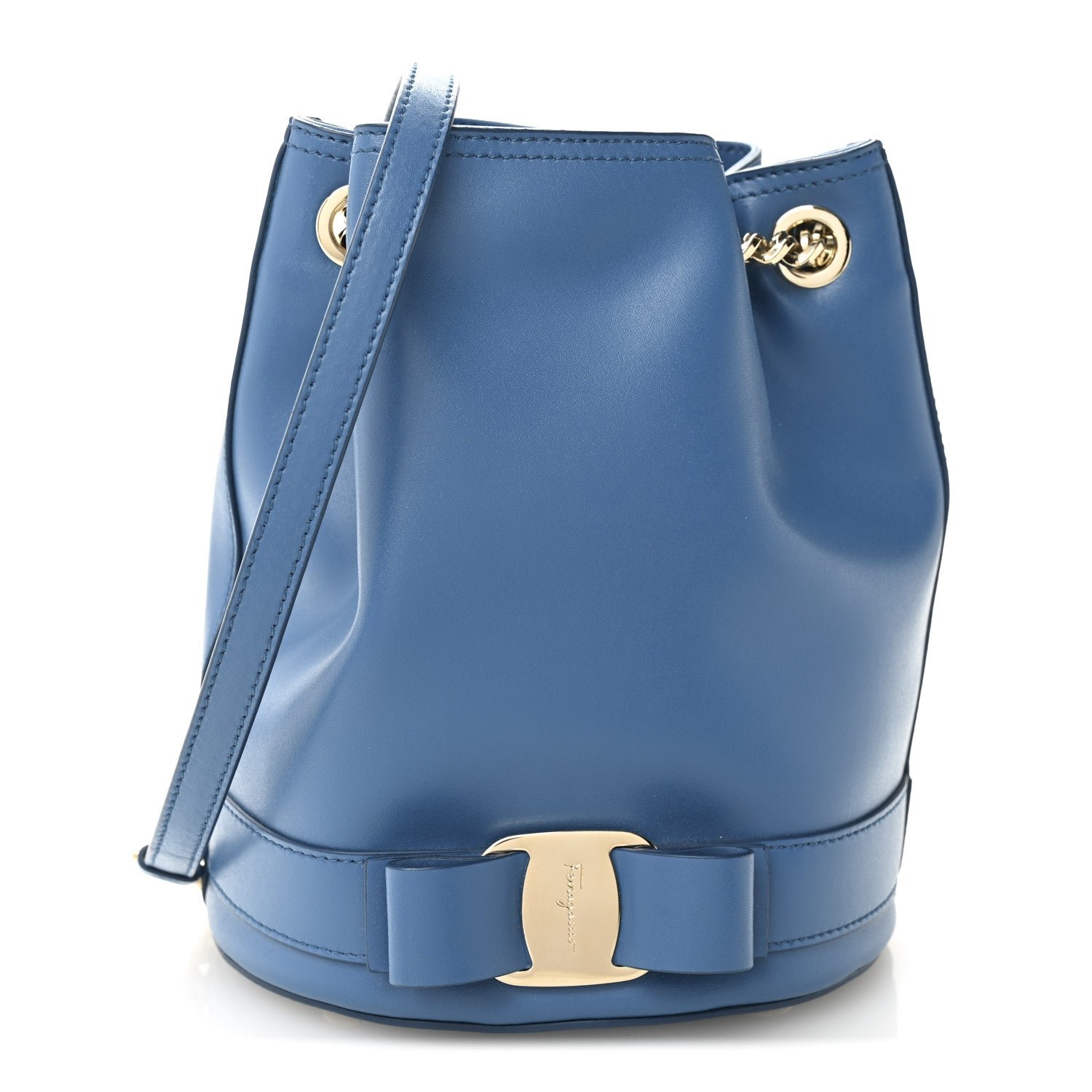 Salvatore Ferragamo Calfskin Vara Bow Bucket Bag Blue