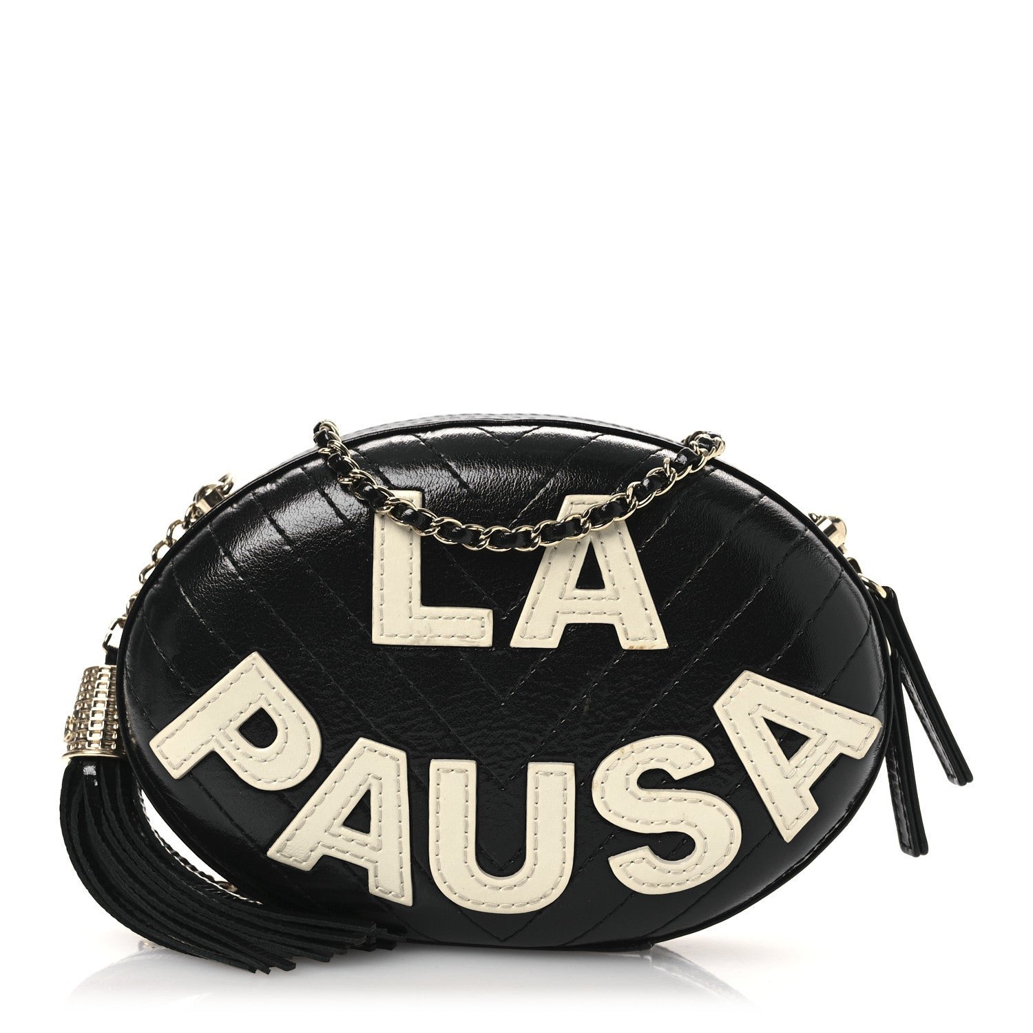 Chanel Lambskin Embroidered Chevron Quilted La Pausa Tassel Clutch Black