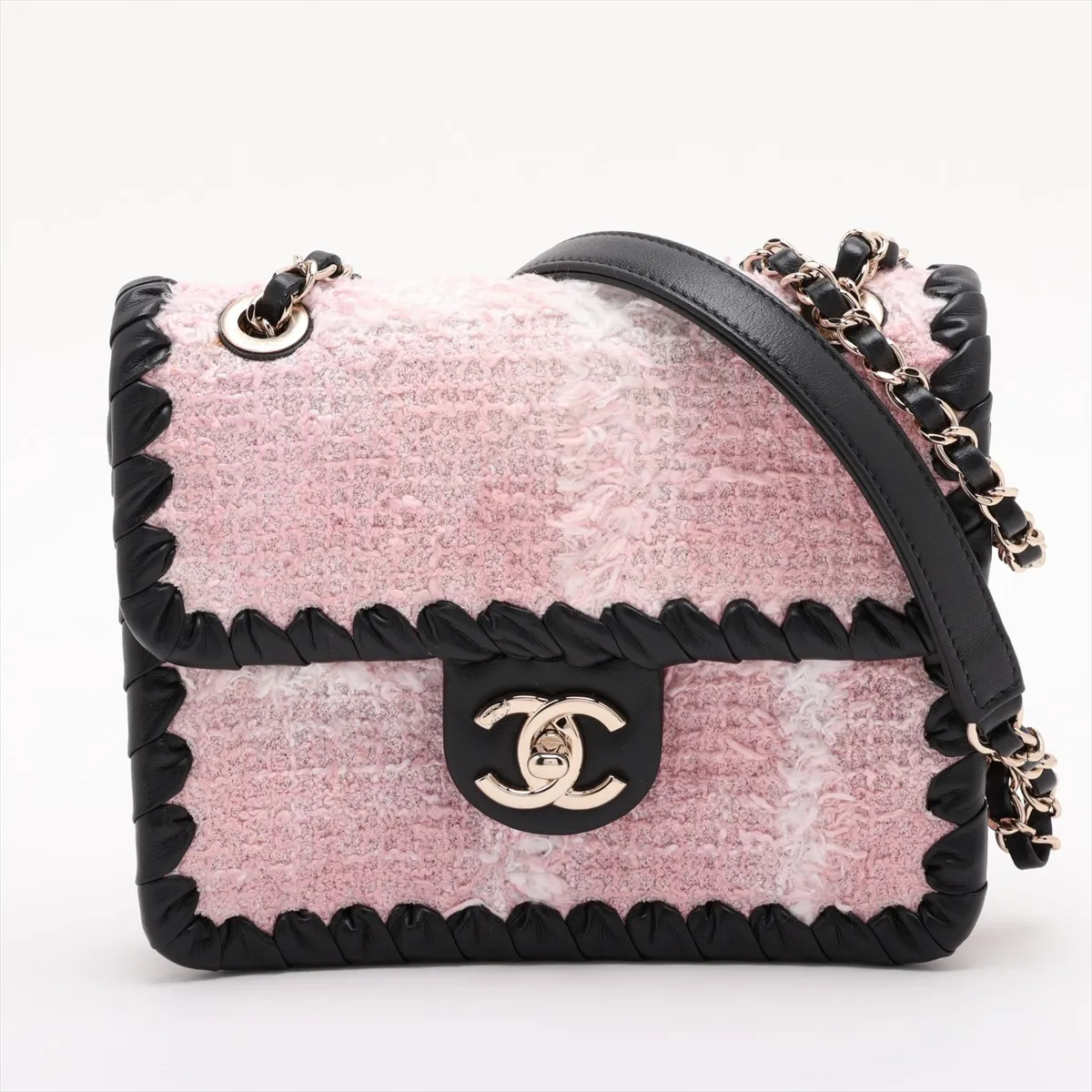 Chanel Coco Mark tweed x lambskin Single Flap Double Chain Bag Pink Gold Metal F