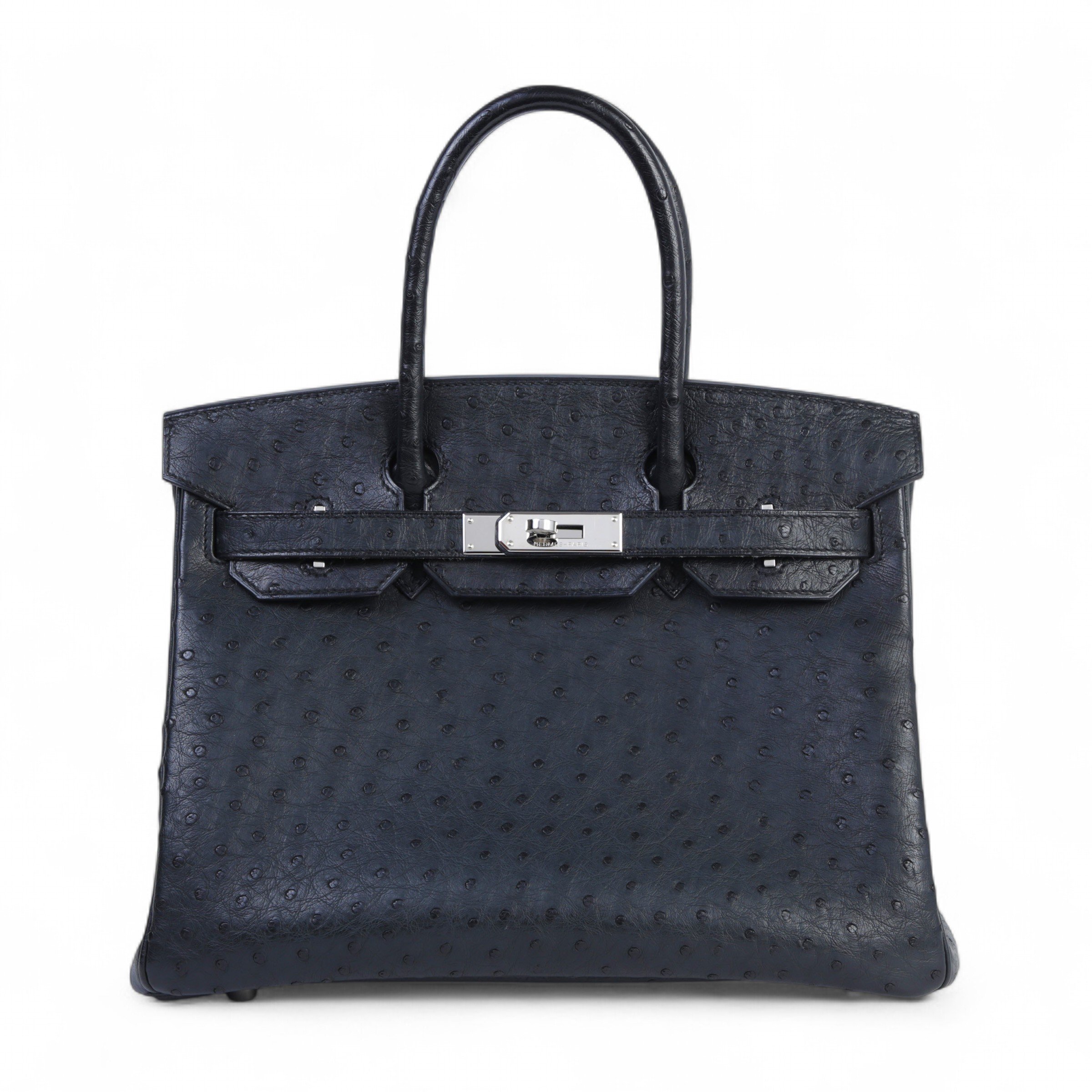 Hermes Very Good ( Rank A) HERMÈS Birkin 30 Noir (89) Ostrich Palladium hardware Square K (2007)