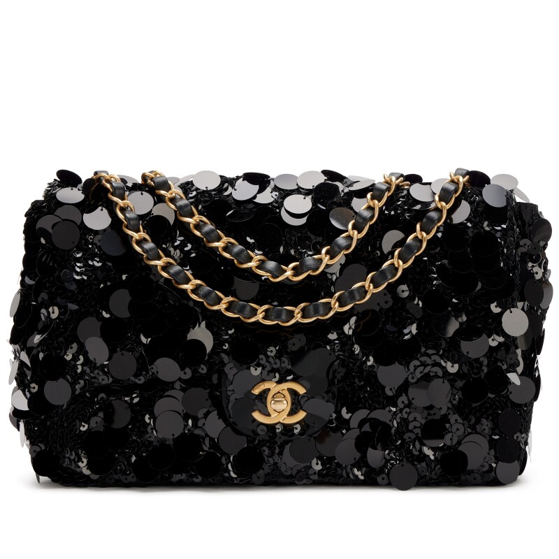 Black Sequin, Satin and Lambskin CC Medium Flap Bag Aged Gold Hardware, 2022