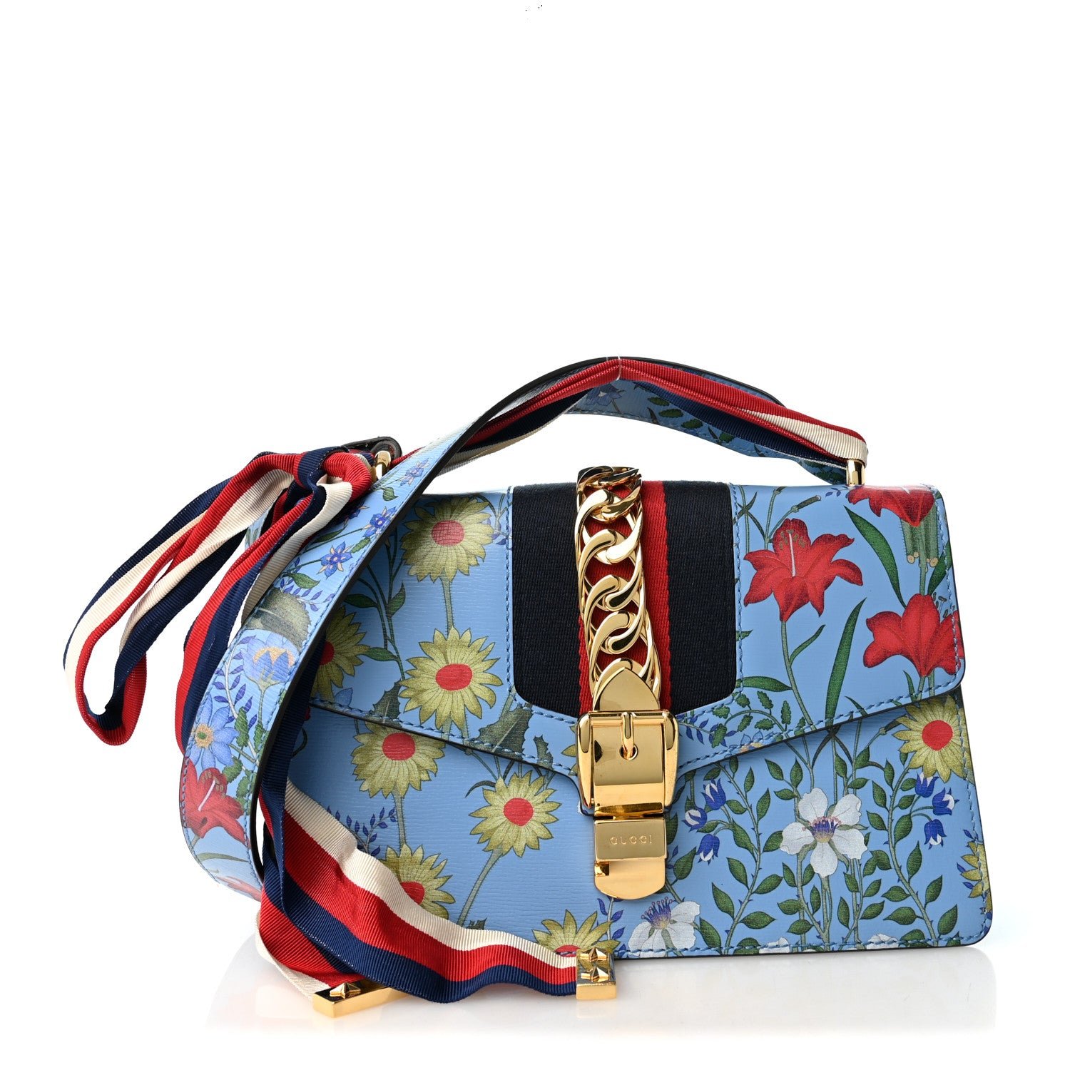 Gucci Shangai Calfskin Web New Flora Small Sylvie Shoulder Bag Azure