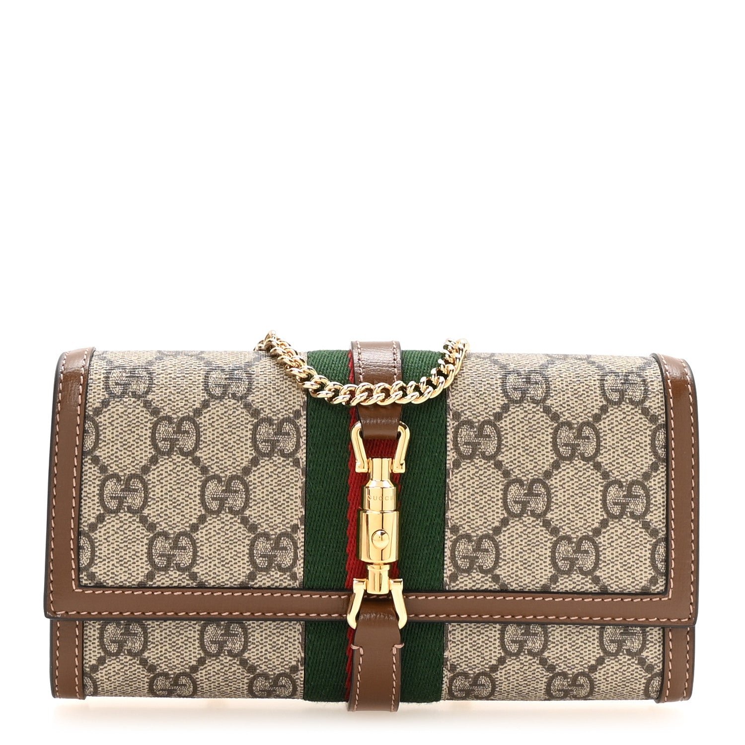 Gucci GG Supreme Monogram Azalea Calfskin Web Jackie 1961 Chain Wallet Beige Ebony Brown Sugar