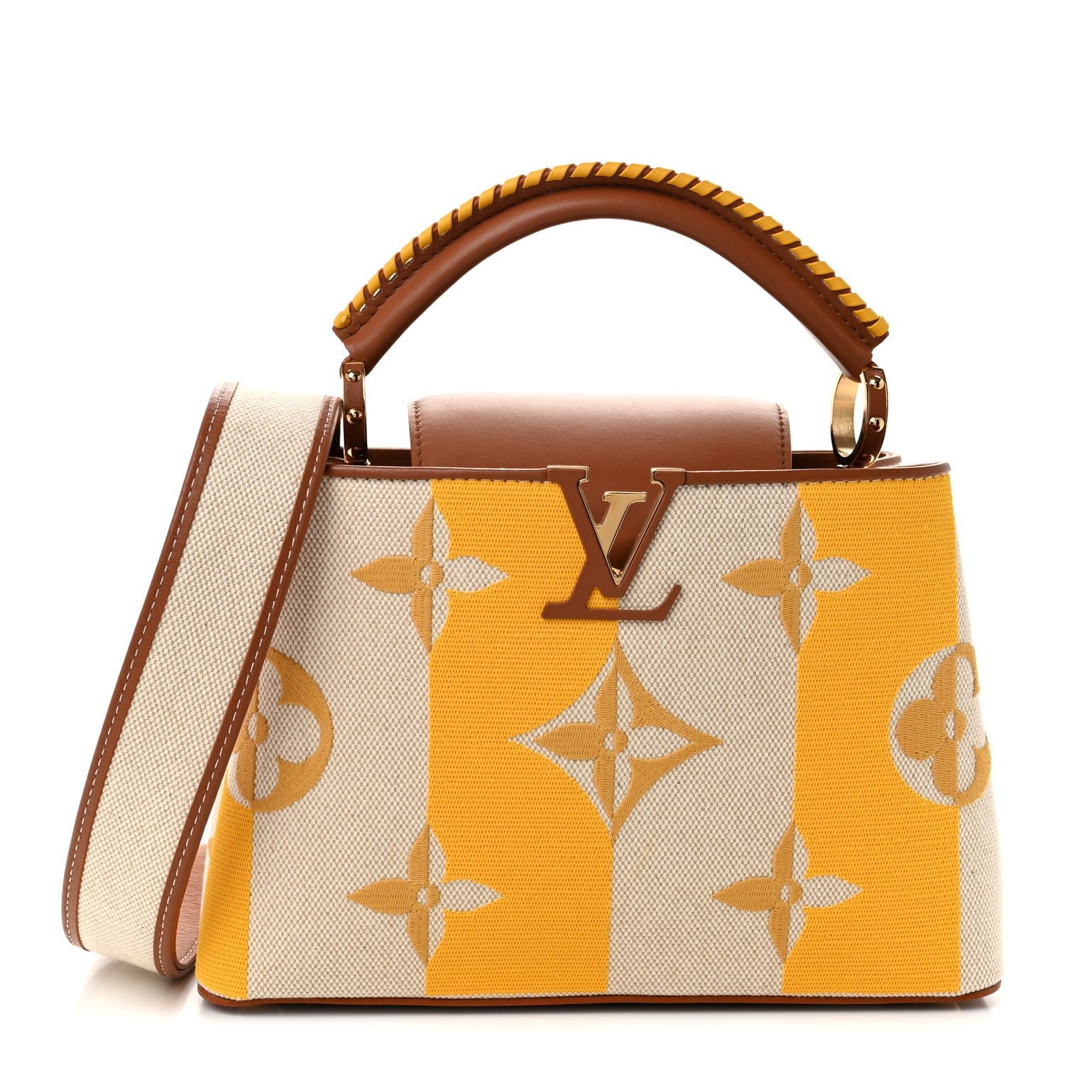 Louis Vuitton Canvas Calfskin Embroidered Braided Monogram Capucines BB Ecru Jaune