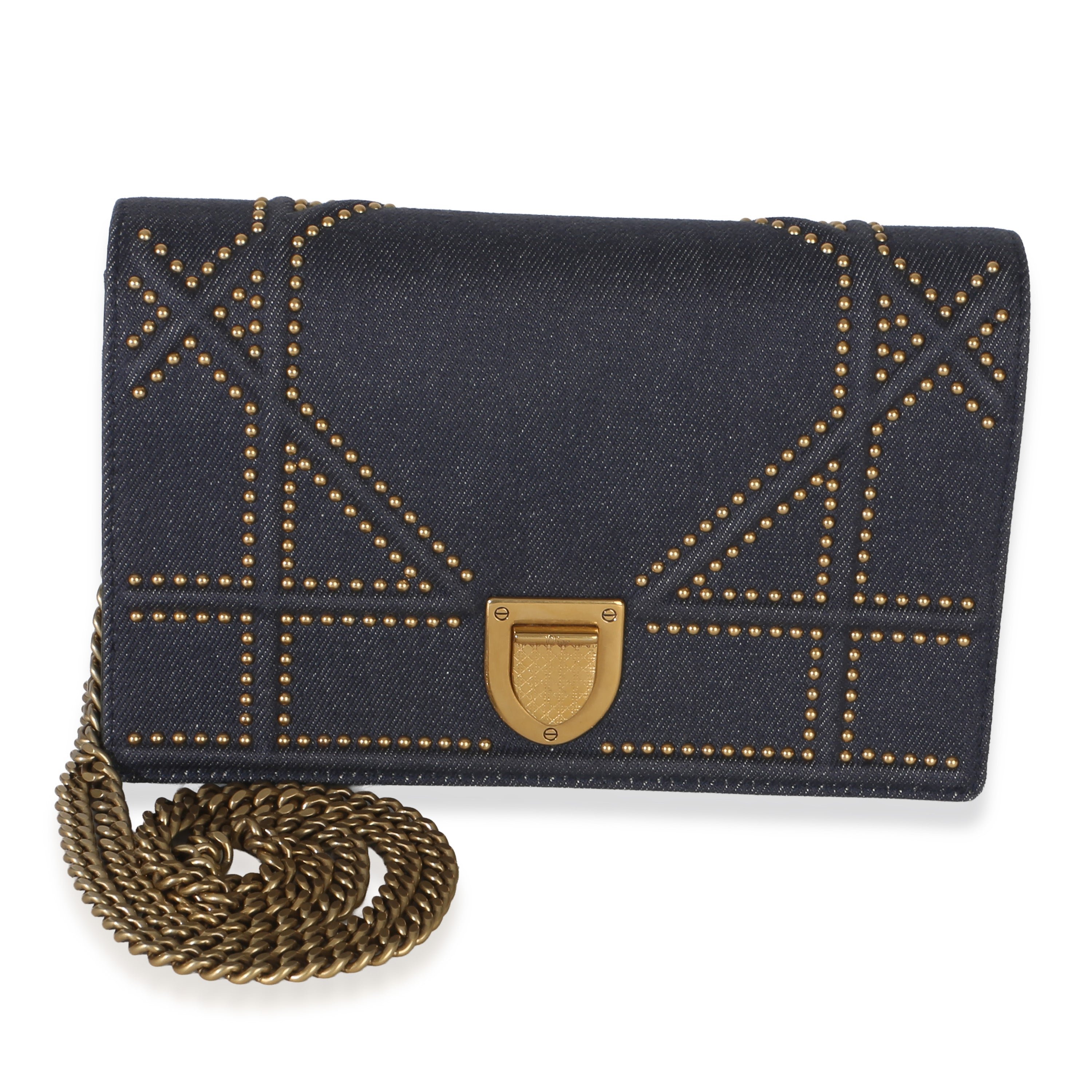 Blue Denim Studded Diorama Wallet On Chain
