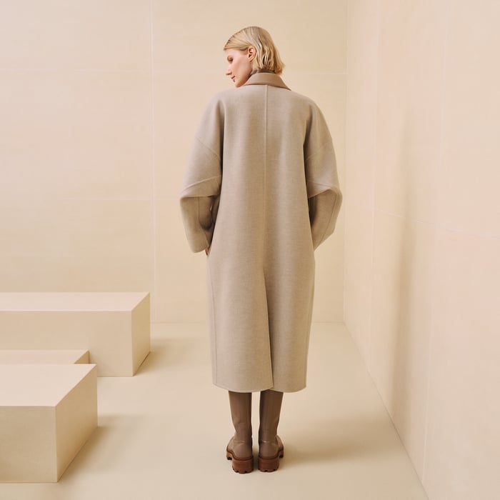 Beige Naturel Mixed Leather Wide Overcoat