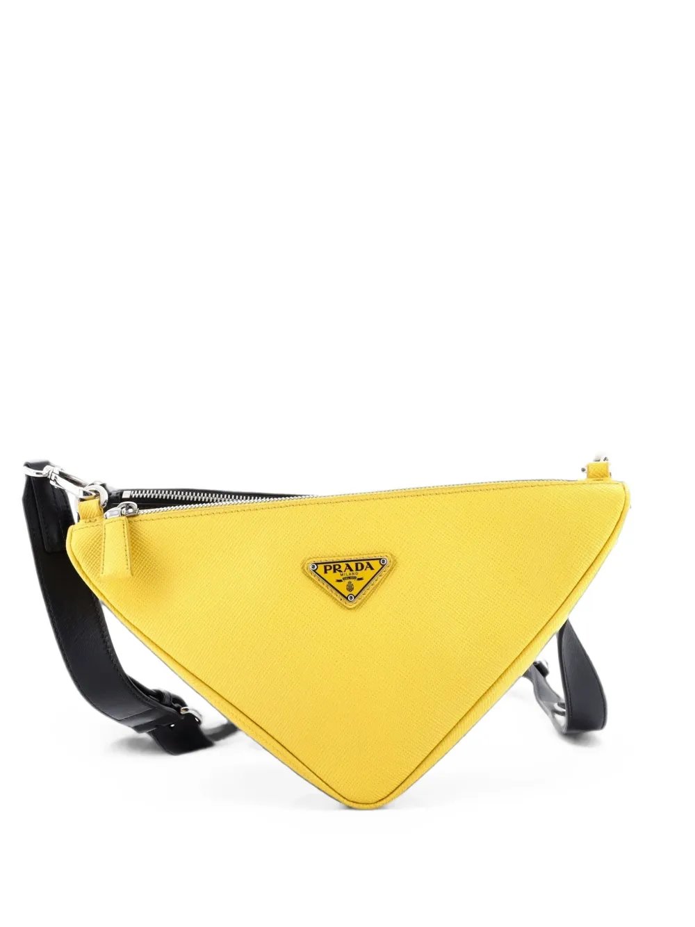 Double Triangle Logo Zip Shoulder Bag Saffiano Leather and Leather crossbody bag