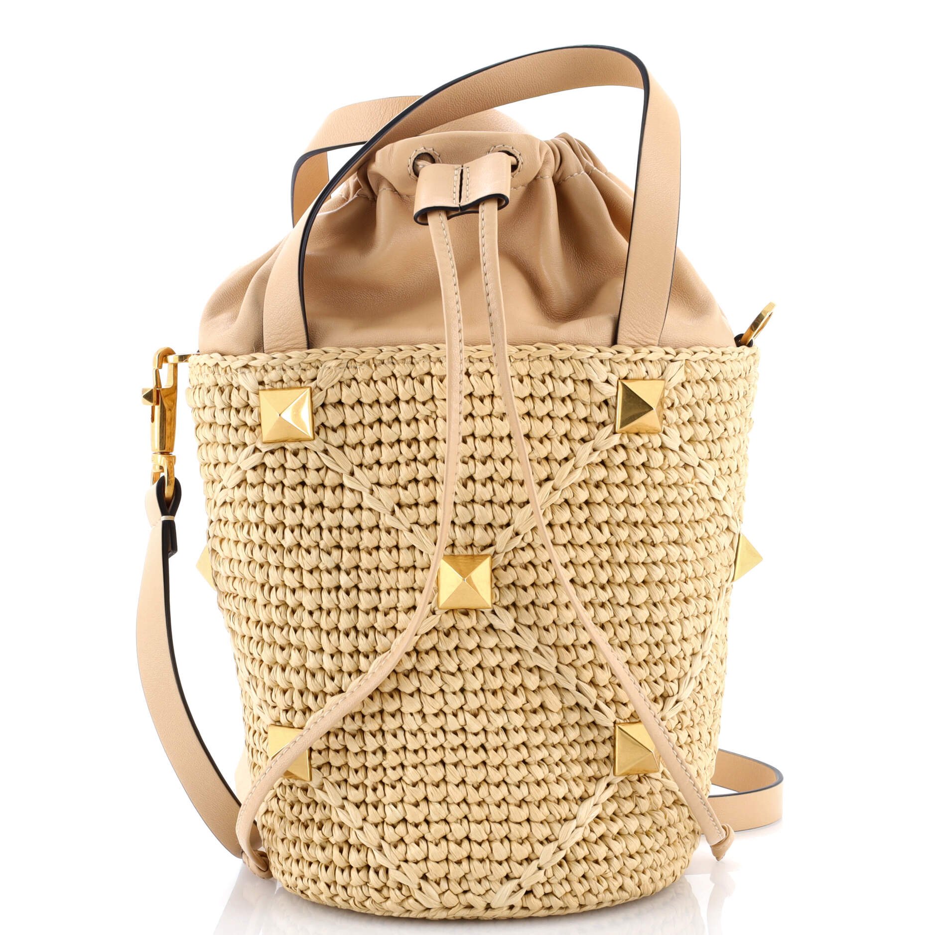 Valentino Garavani Roman Stud Bucket Bag Raffia and Leather