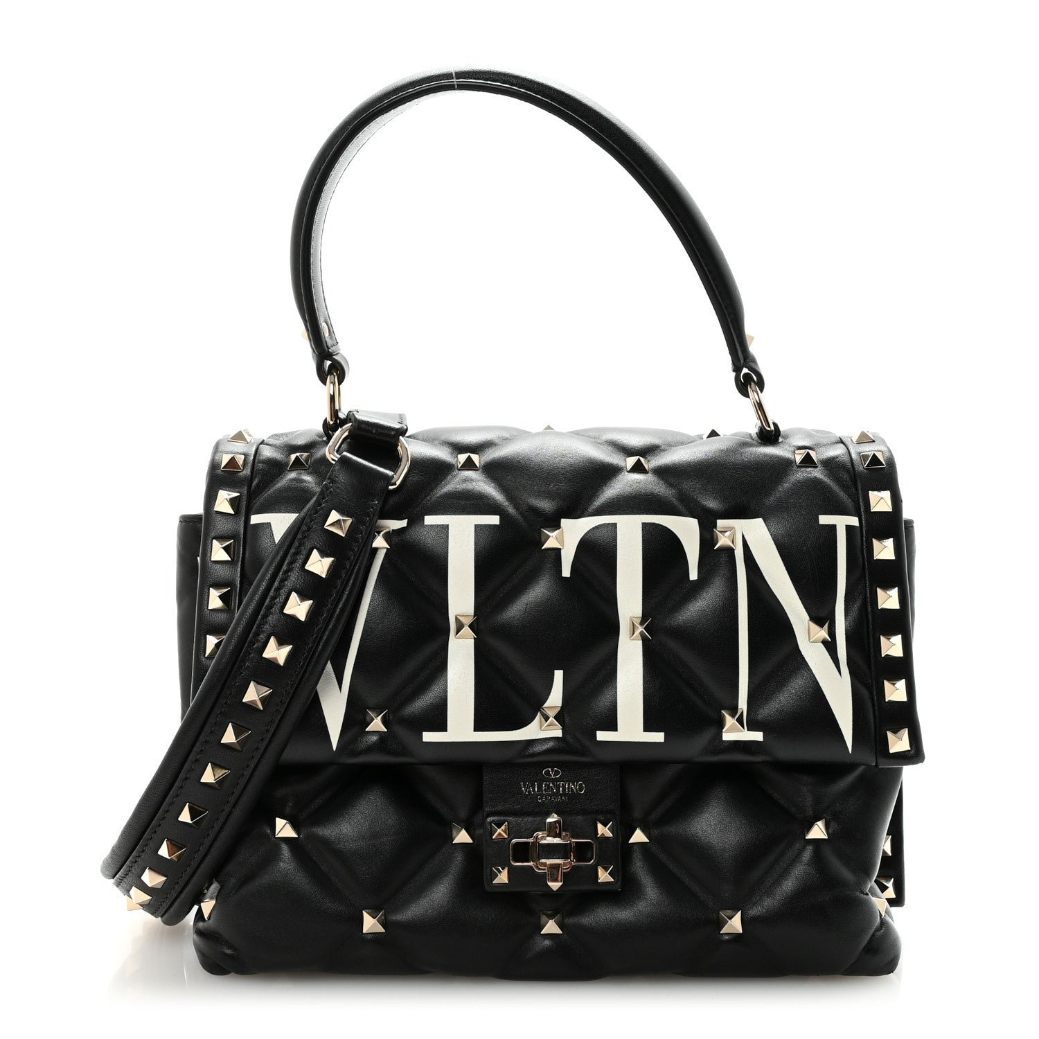 Valentino Garavani Lambskin VLTN Print Candystud Top Handle Bag Black