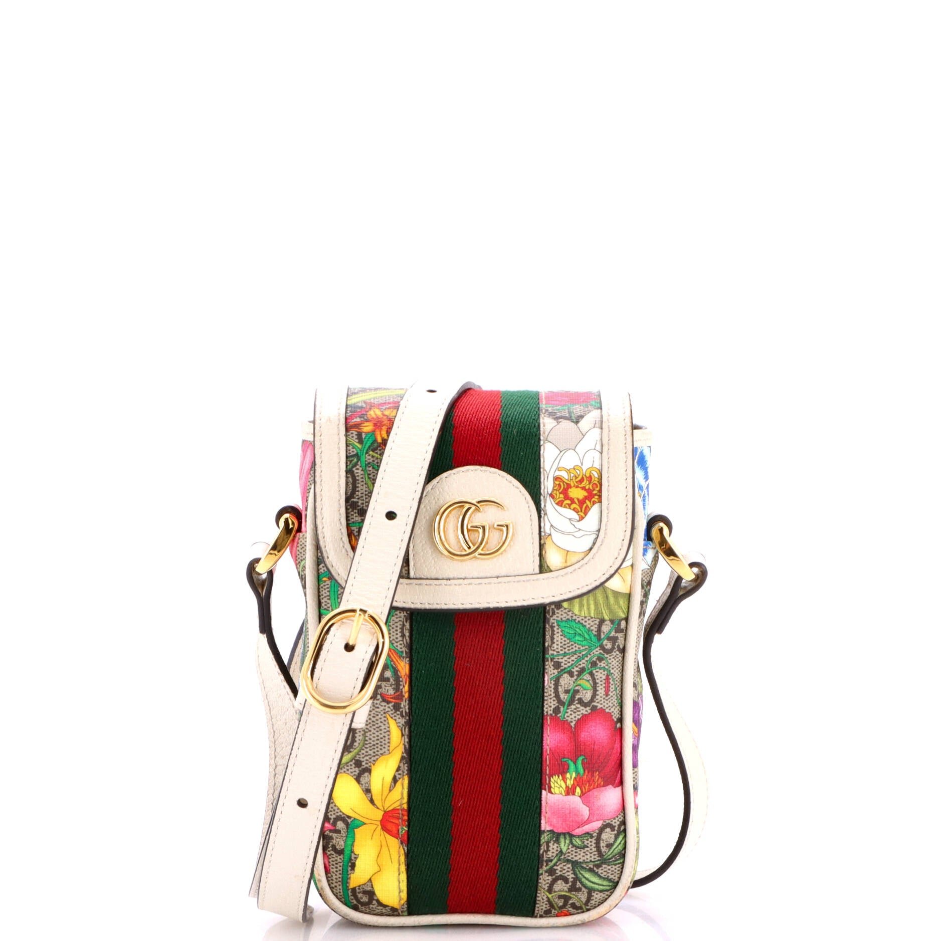 Gucci Ophidia Flap Phone Holder Crossbody Bag Flora GG Coated Canvas