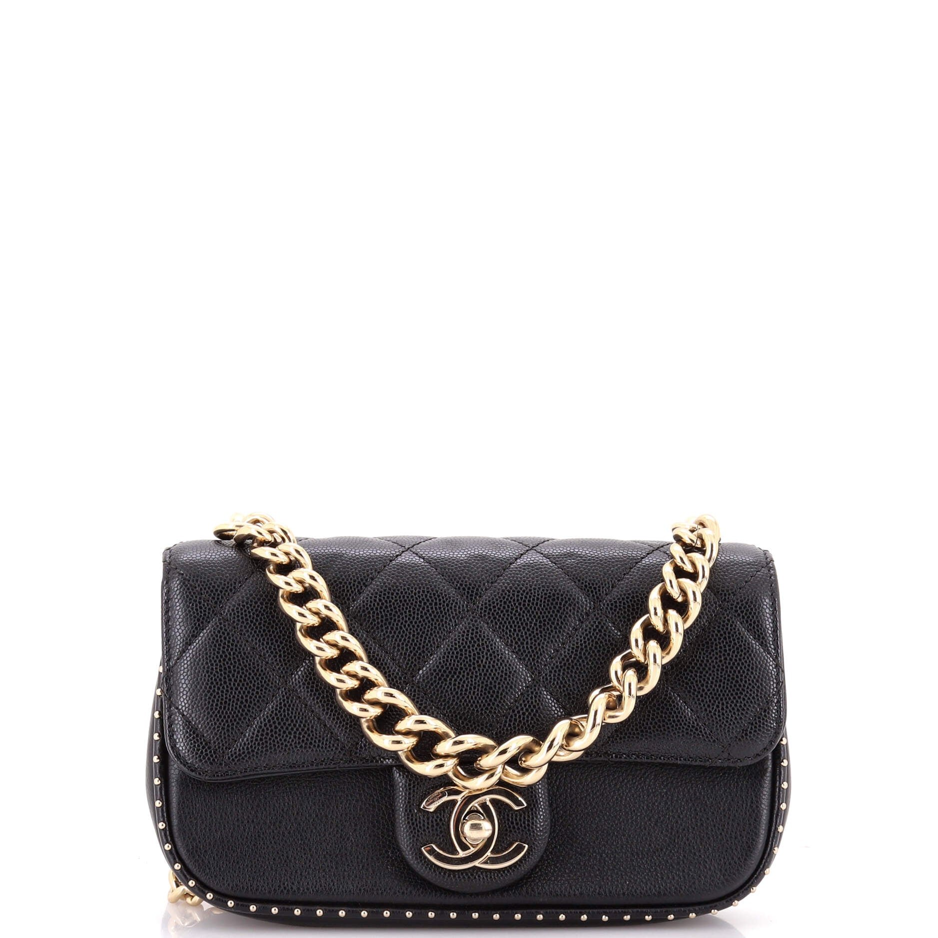 Chain Handle CC Flap Bag Quilted Caviar with Studded Detail Small
