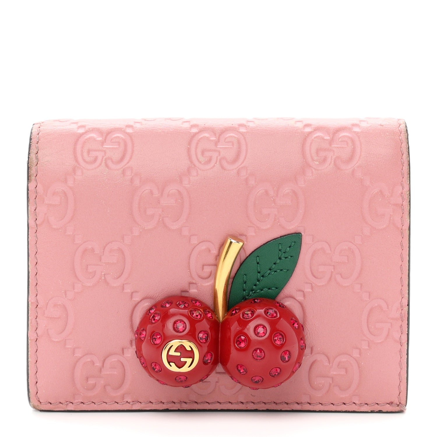 Gucci Guccissima Cherries Card Case Wallet Pink